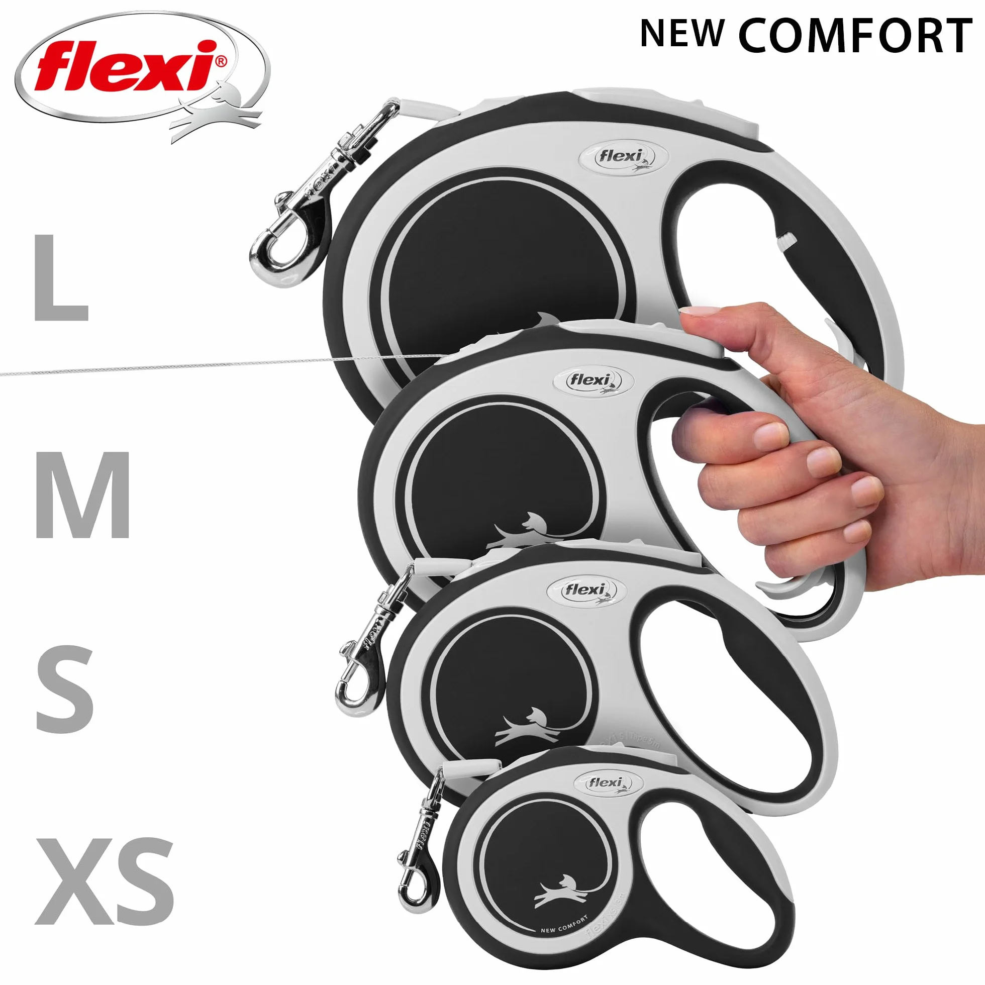 Flexi Comfort Smycz Automatyczna, Szary/Czarny, L/8m
