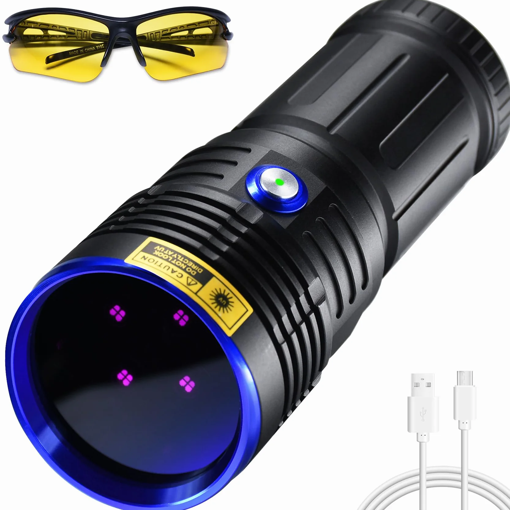 DARKBEAM Latarka UV 365nm Blacklight 4xLEDs Ultrafioletowe, mocna lampa leśna ładowana 50W wykrywacz moczu zwierząt domowych minerały, skorpiony, wykrywanie wycieków, utwardzanie żywicy