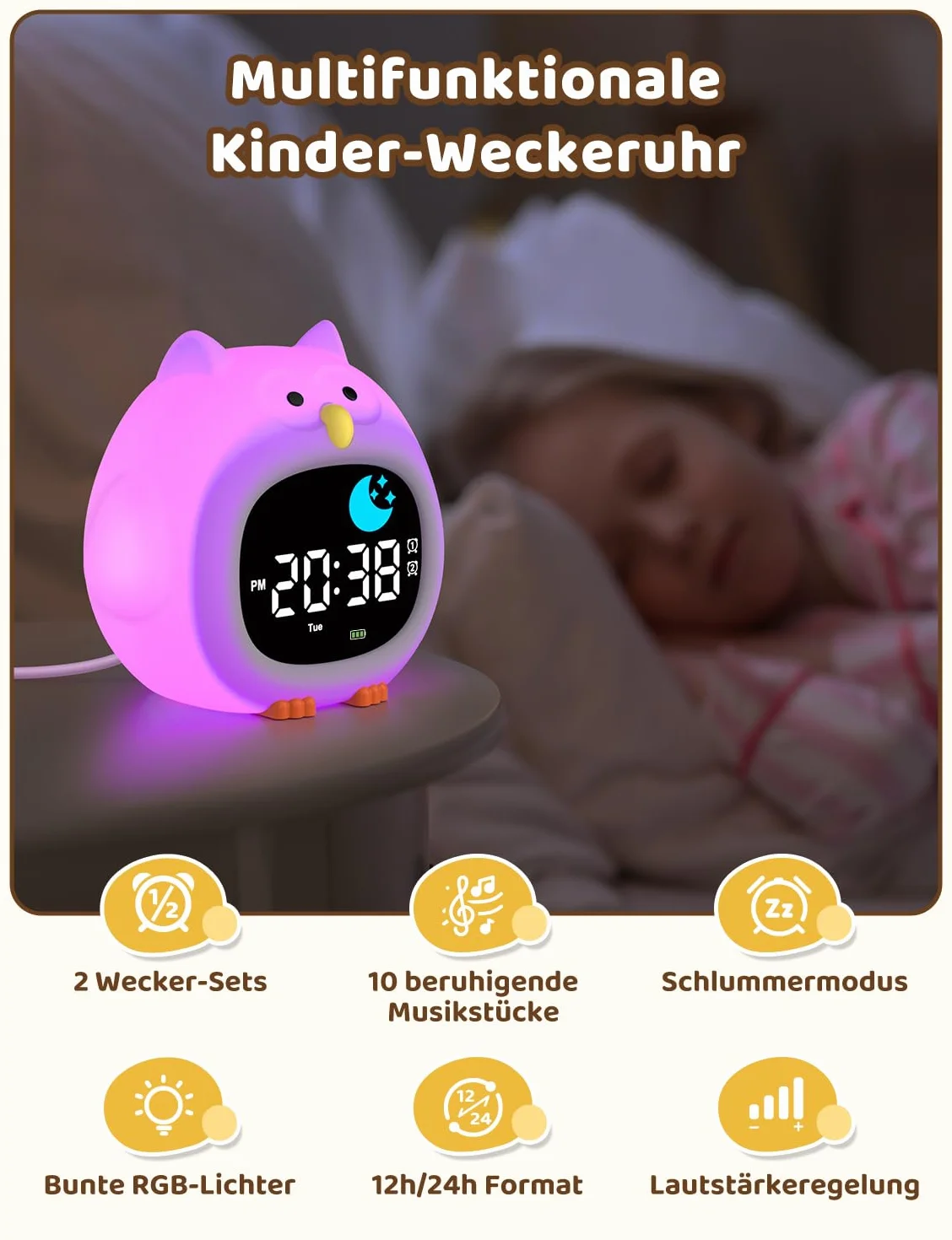 Yissvic Budzik dla dzieci dla początkujących w szkole, dla chłopców z lampką nocną RGB, budzik edukacyjny, 2 alarmy, tryb weekendowy, drzemka 10, biała sowa, styl