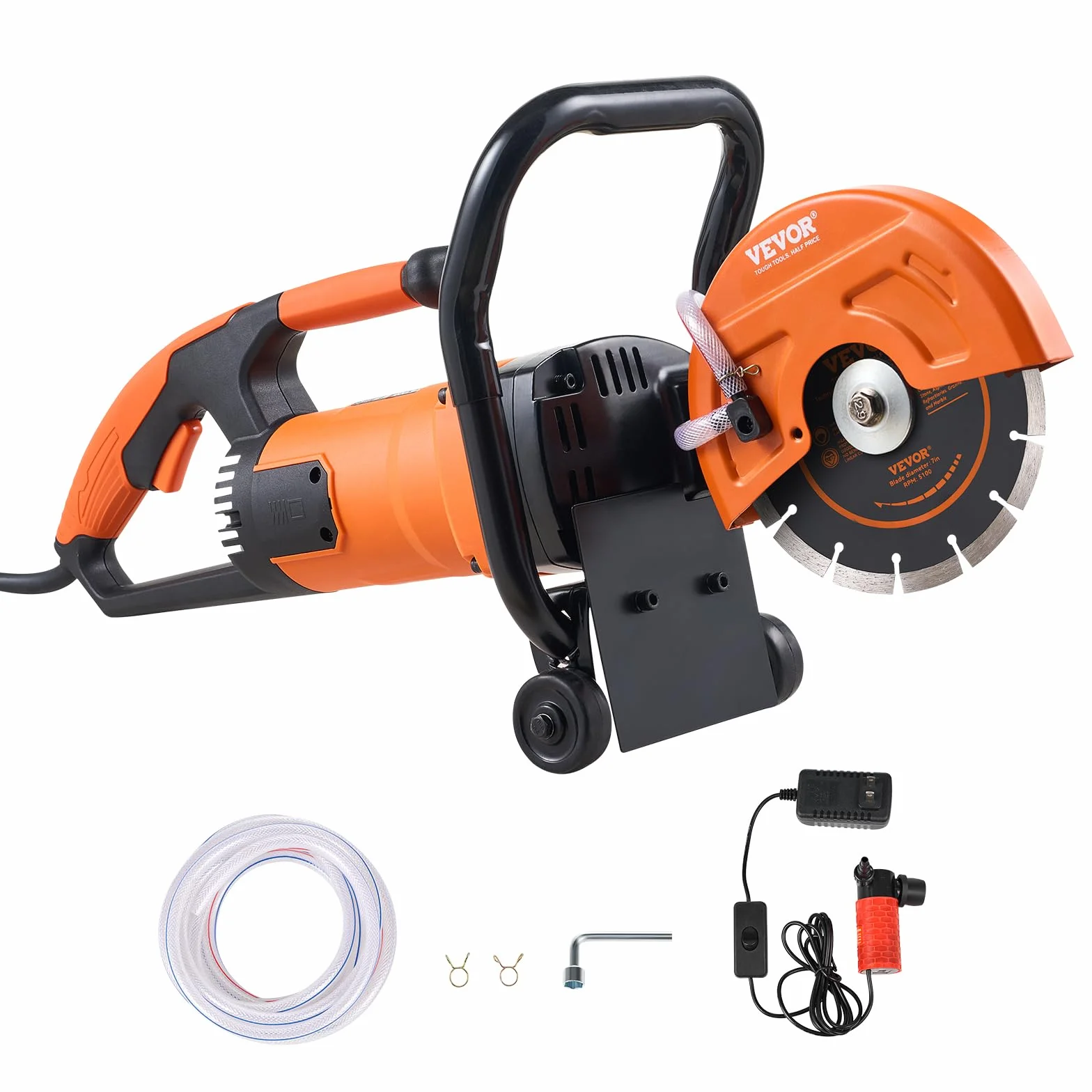 VEVOR Elektryczna piła do betonu, 180 mm, wysokowydajna piła tarczowa 2000 W, głębokość cięcia 63 mm, piła tarczowa na mokro/sucho z rurą wodną, pompą wodną, brzeszczotem, do kamienia i cegły