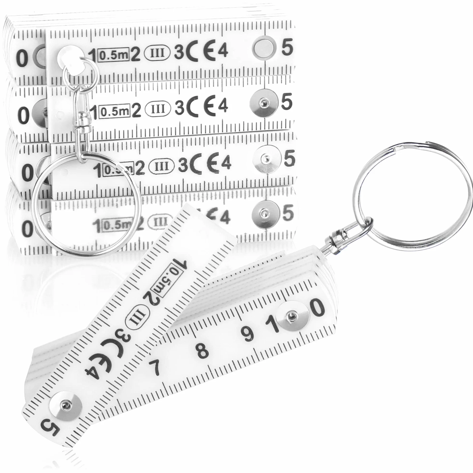 COM-FOUR® miara skladana 5x mini jako brelok z tworzywa sztucznego, miara skladana 50 cm z 10 czlonami, metryczna w kolorze bialym (05 sztuk - 50 cm bialy)