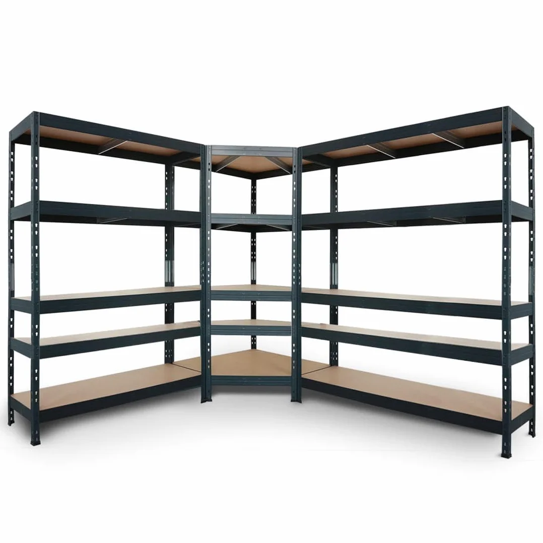 System regałowy narożny 180x90x45x64,5 cm + 2 regały wtykowe Rivet 180x120x45 cm i 180x150x45 cm, 5 półek HDF, 250 kg, antracytowo-szary