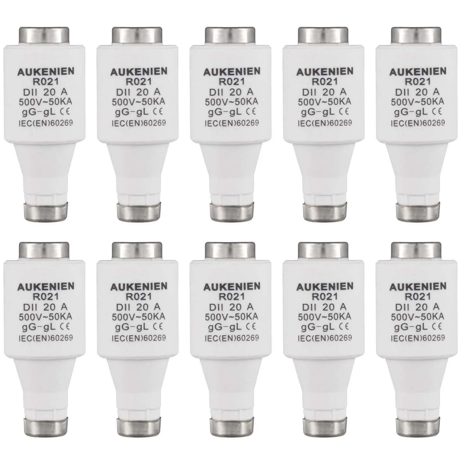 AUKENIEN DII E27 R021 Bezpieczniki ceramiczne spiralne 20A Bezpiecznik spiralny 20Amp 500V 50KA Bezpieczników Diazed Wkładki bezpiecznikowe do ochrony kabli i linii (opakowanie 10 sztuk)