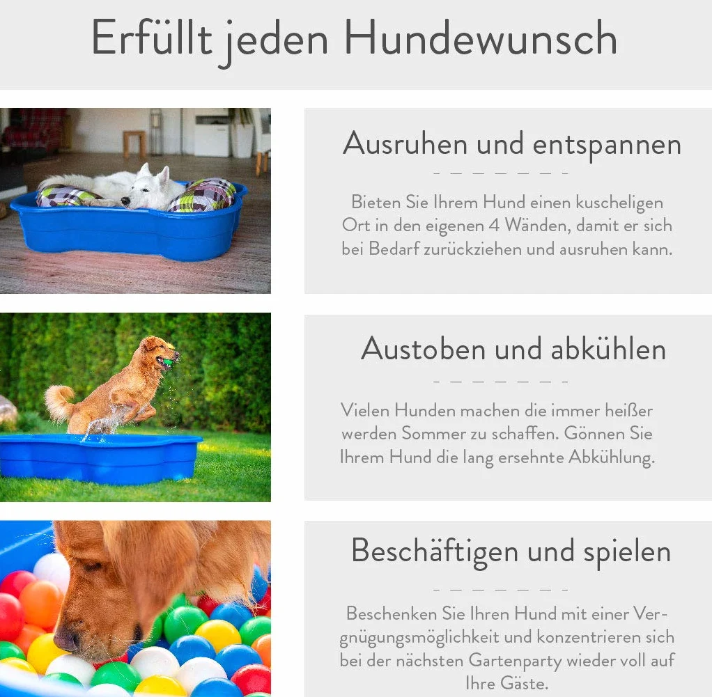Basen dla psów w kształcie kości – 120 cm, szary, dla dużych i małych psów, odporny na ugryzienia, działanie promieni UV, 100% Made in Germany