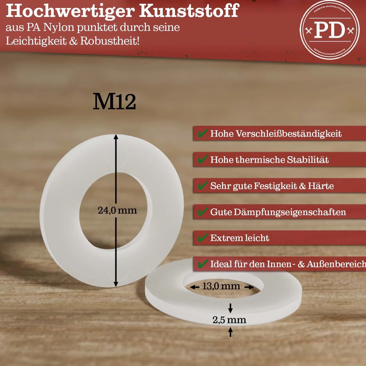 PD® Podkładki z tworzywa sztucznego M12 (DIN 125 kształt A/ISO 7089) | wysokiej jakości podkładki nylonowe PA | tarcze z tworzywa sztucznego poliamidowe o małej średnicy zewnętrznej | 10 sztuk