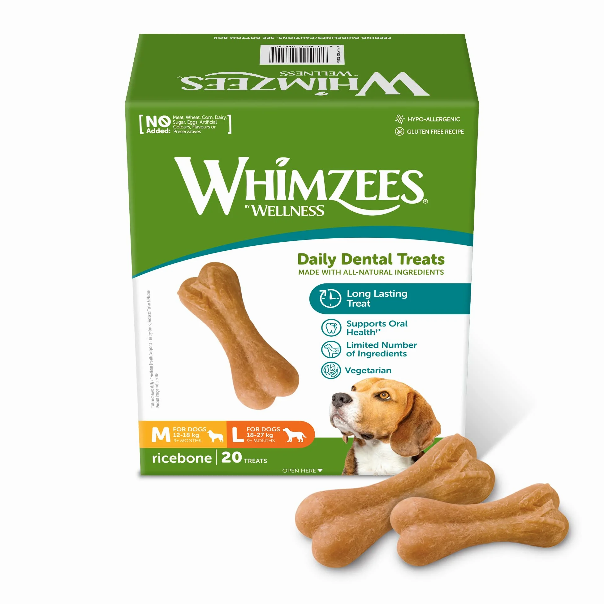 WHIMZEES Kość Ryżowa M/L 20 sztuk – Gryzaki Dentystyczne dla Średnich i Dużych Psów, Naturalne, Bezzbożowe