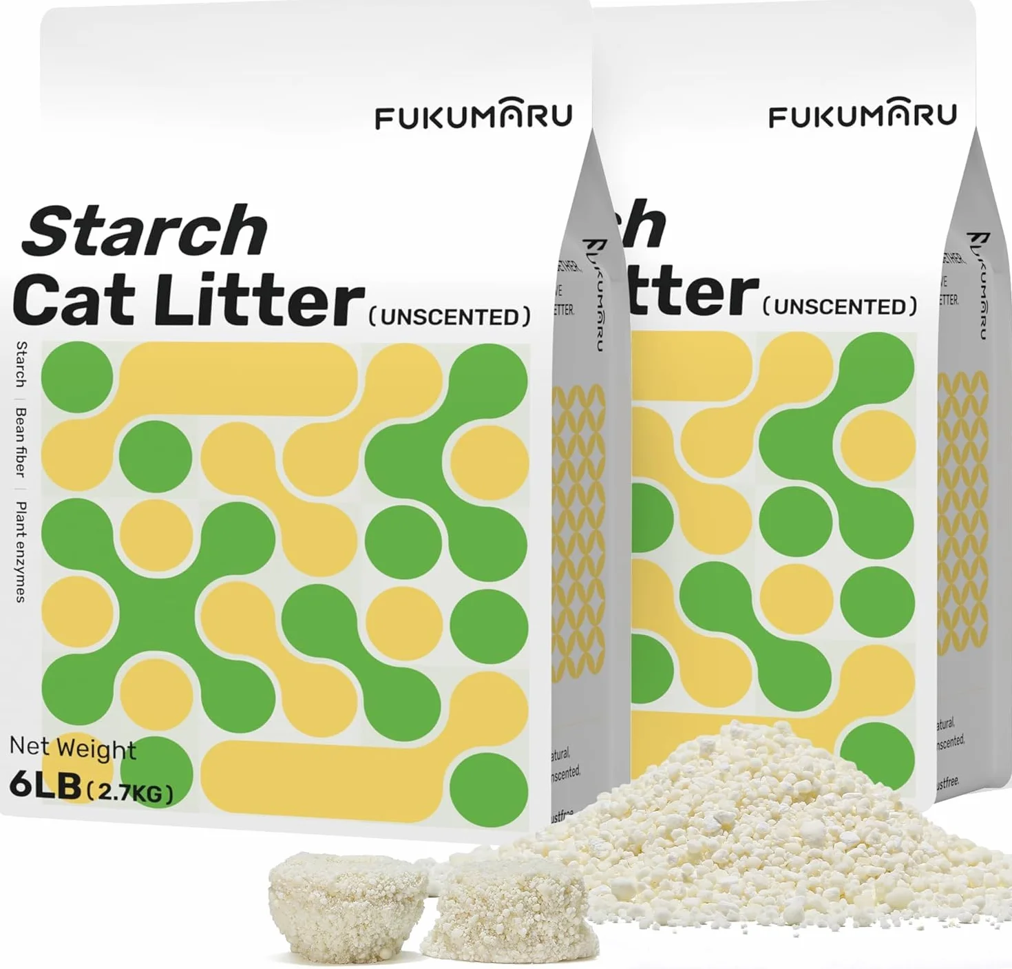 FUKUMARU Cassava Cat Litter, Mocny zbrylający się żwirek dla kota, Naturalne składniki roślinne, Nieprzywierająca baza, Niski poziom pylenia, Kontrola zapachu 24/7, Bezzapachowy, 6lb x 2 worki