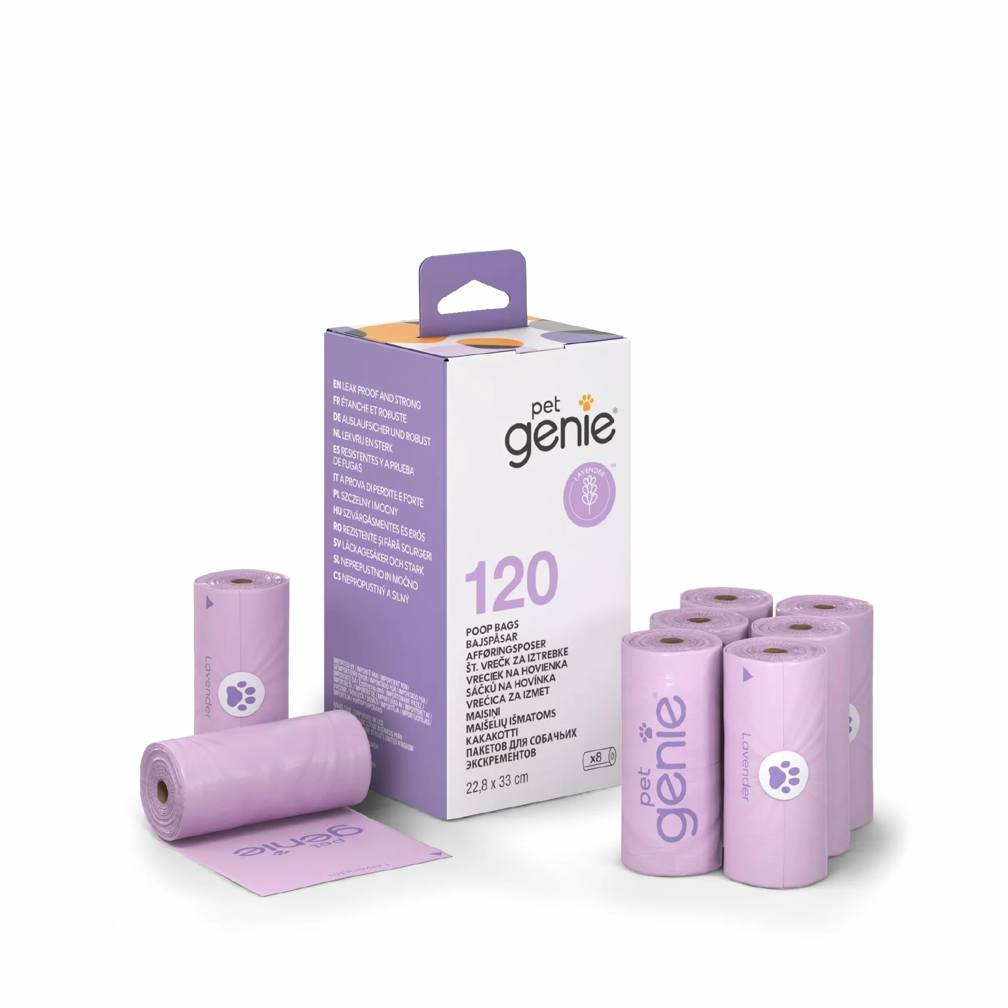 Pet Genie W podróży – worki na odchody dla psów na rolce, szczelne i bardzo grube worki na odchody dla małych i dużych psów, o zapachu lawendy, 120 sztuk, 8 rolek