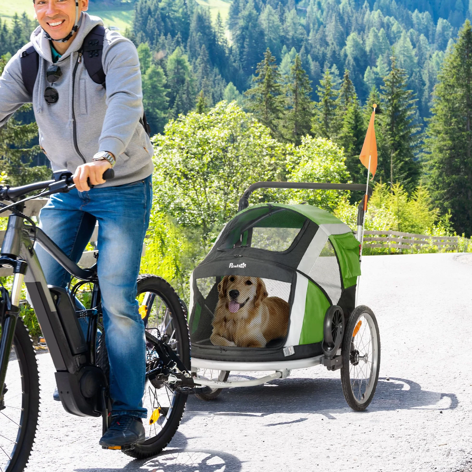PawHut 2-in-1 Hundeanhänger klappbar Haustier Fahrradanhänger Hundetransporter Hunde Fahrrad Anhänger atmungsaktiv Aluminium Oxford Gewebe 150 x 82 x 108 cm