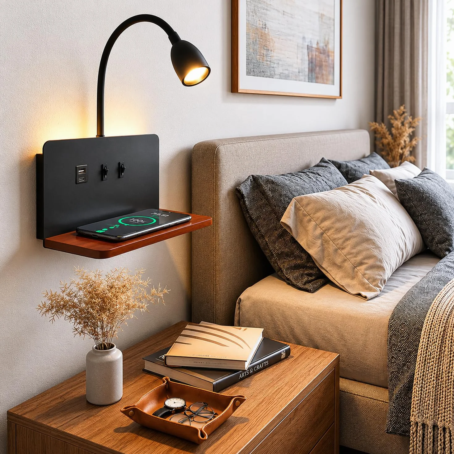 lampa ścienna LED do wnętrz z wtyczką, lampa ścienna do sypialni z portami USB i bezprzewodową ładowarką, regulowana i elastyczna lampa do czytania z gęsią szyją, lampka nocna 3000 K z podświetleniem