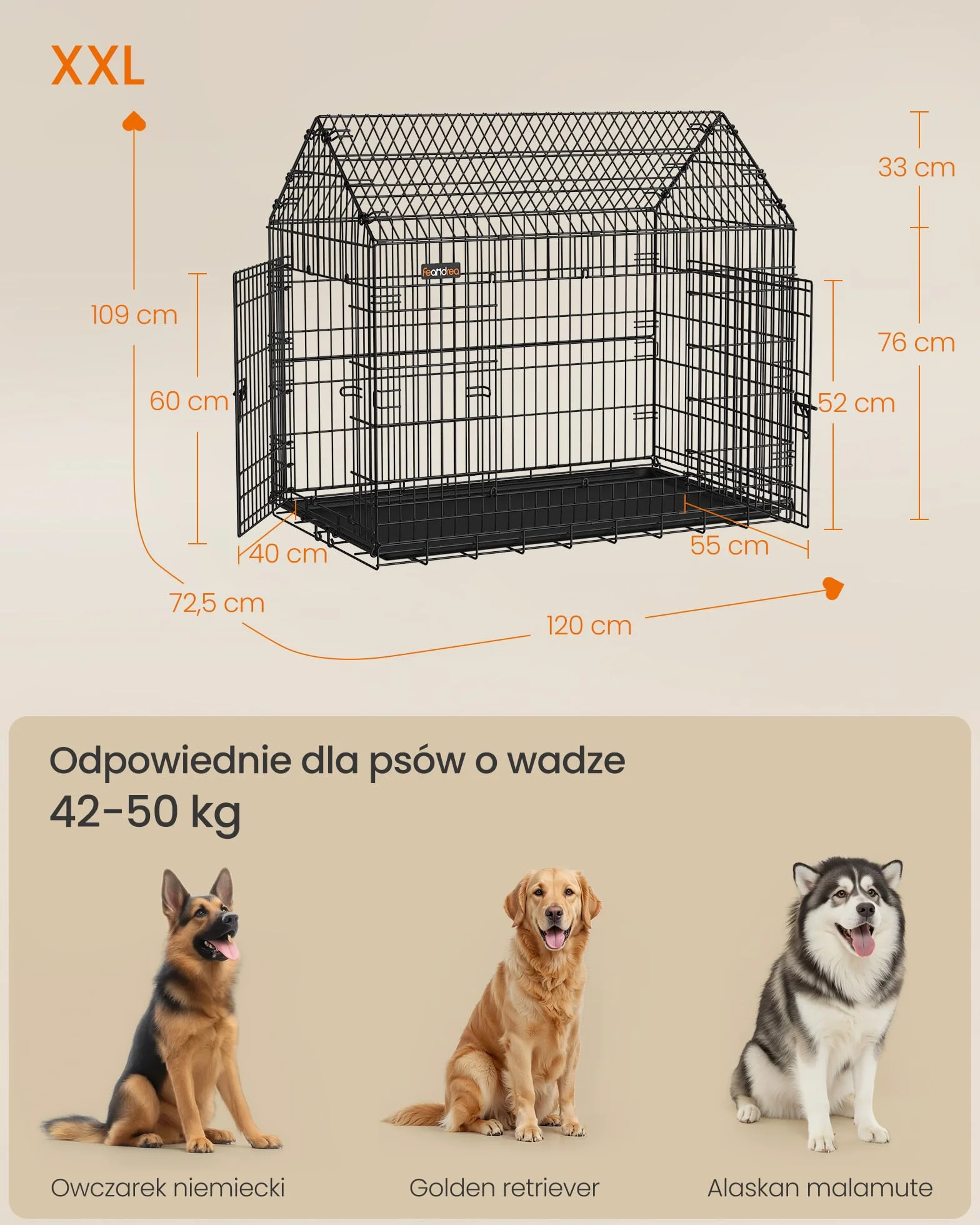 Feandrea Klatka dla psa, 120 x 72,5 x 109 cm, metalowa, składana, XXL, dla dużych psów, z podwójnymi drzwiami, łatwa do czyszczenia, do domu i samochodu, atramentowa, czarna PPD015B01
