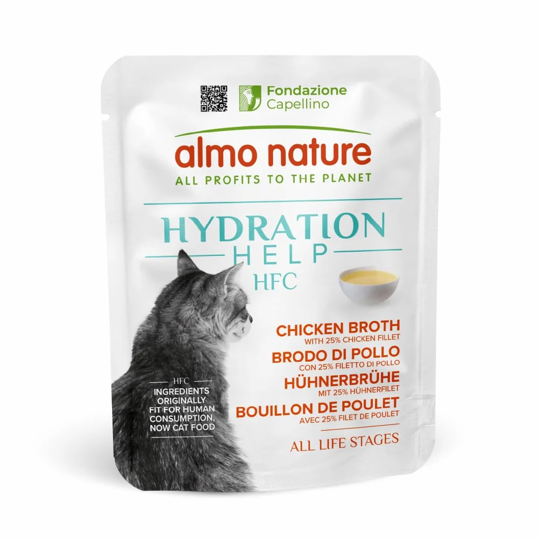 Almo Nature HFC Hydration Help, mokra karma dla kotów - bulion z kurczaka i filet z kurczaka - opakowanie 1,2 kg (24 x 50 g)