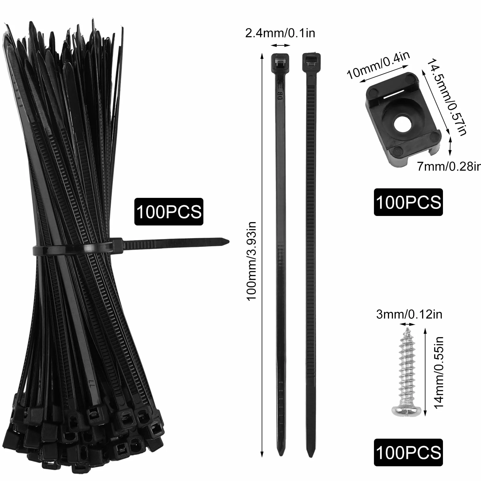 Zestaw 100 nylonowych uchwytów kablowych na ścianę z opaskami kablowymi, typ siodełka i śruby, opaski kablowe, czarne, małe, 10 cm, mocowanie do ściany, mocne mocowanie, organizowanie kabli, kable do