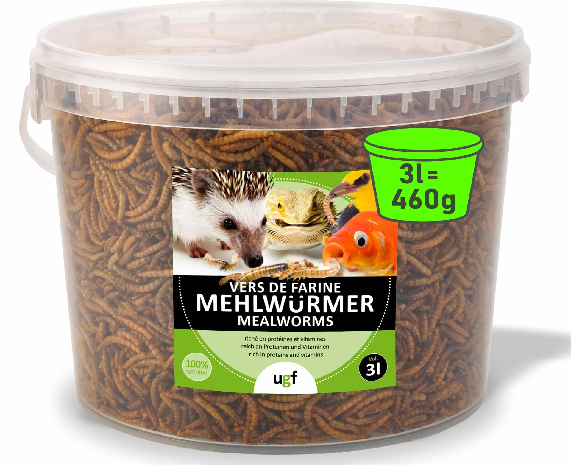 UGF - Premium Mączniki 3-Litrowe Wiadro - 460 g w wiaderku 3-litrowym, karma dla ptaków dzikich, całoroczna, karma dla jeży, karma dla wiewiórek, karma dla chomików