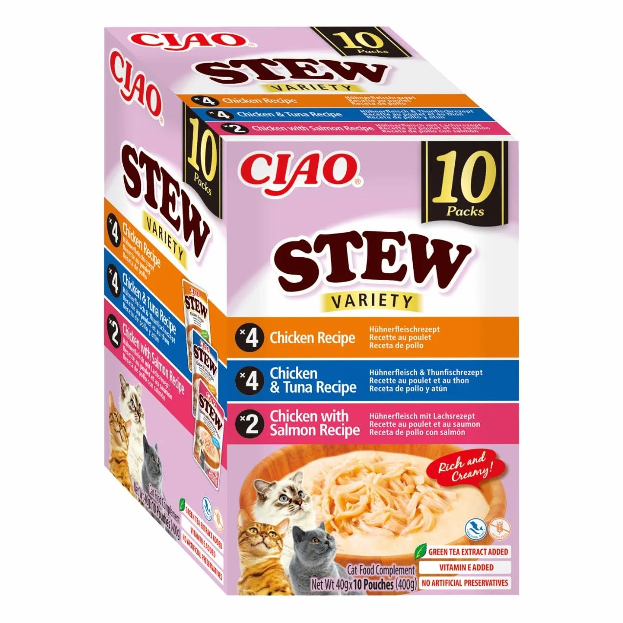 INABA Ciao Stew przysmaki dla kotów z wysokiej jakości składnikami, bogate w wilgoć i białko, niskokaloryczne, bez zbóż i cukru, 40 g (10 sztuk)