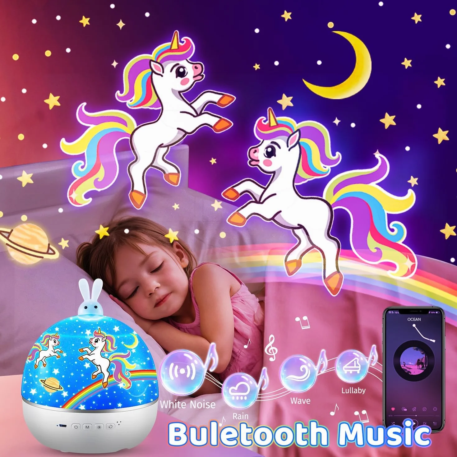 Lampka nocna, projektor gwiaździstego nieba dla dzieci z 15 filmami, lampka nocna dla dzieci, pozytywka dla niemowląt, dziewczynek, Bluetooth, lampka nocna dla dzieci, dekoracja, prezent dla