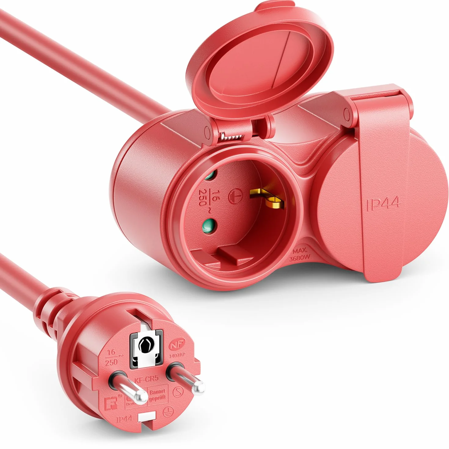deleyCON 2m Przedłużacz Ogrodowy Kabel Zasilający IP44 (H07RN-F 3G1.5mm²) Odporne na Warunki Atmosferyczne Gumowy Kabel do Użytku na Zewnątrz - Wtyczka z Bolcem Ochronnym na 2x Gniazdo - Czerwony
