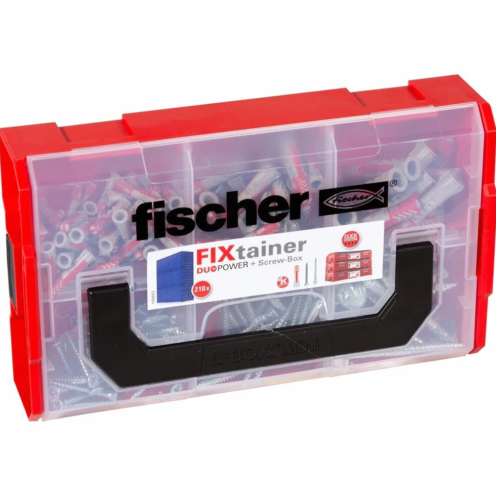 fischer FixTainer DuoPower ze śrubą, pudełko na kołki z 210 śrubami i kołkami DuoPower (60 szt. 6 x 30, 30 szt. 8 x 40, 15 szt. 10 x 50), uniwersalny zestaw do mocowania