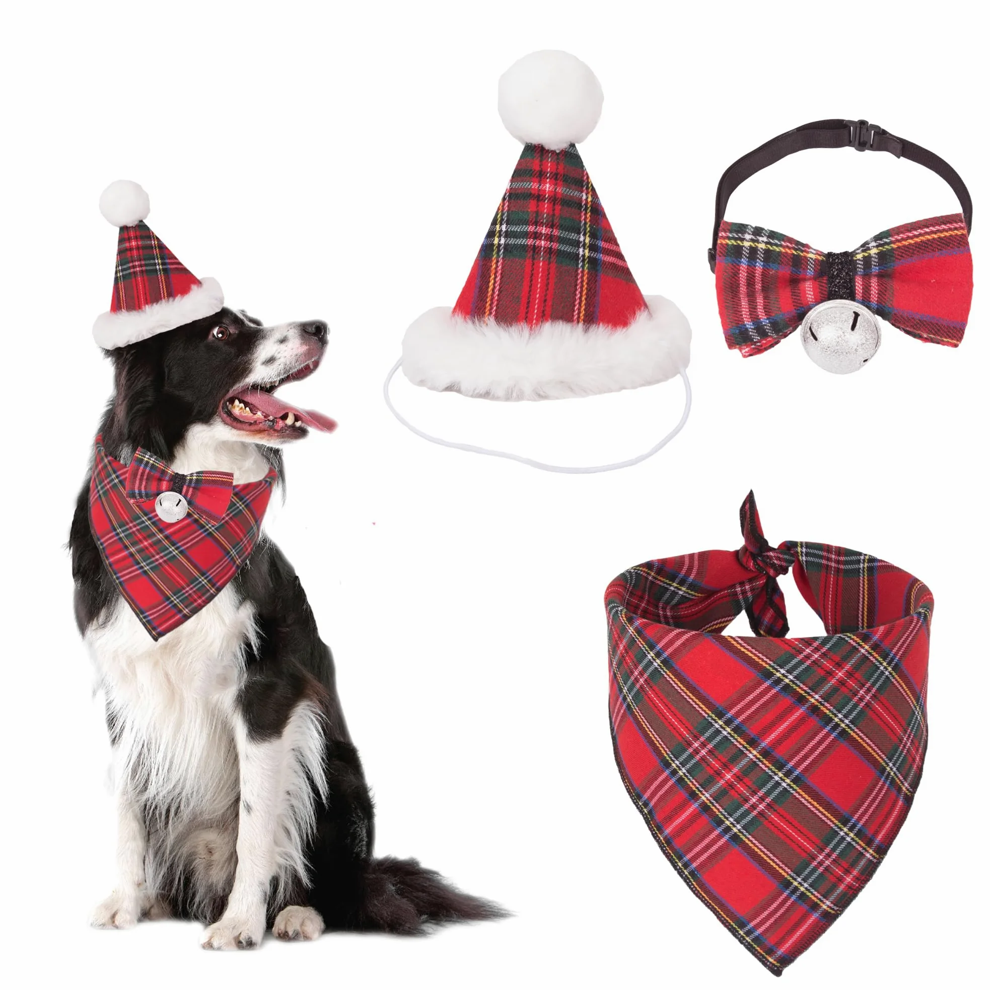 ADOGGYGO Świąteczna bandana dla psa, czapka, muszka, stylowa czerwona krata, czapka bożonarodzeniowa, szalik, kostium, strój dla średnich i dużych psów, zwierząt domowych (rozmiar L)