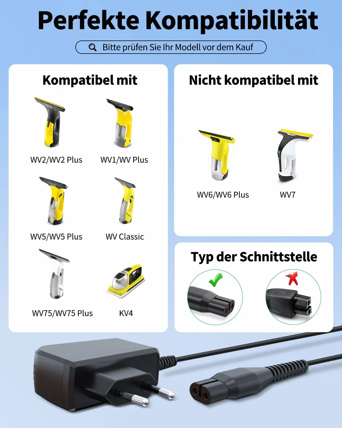 Kabel do ładowania kompatybilny z Karcher WV1 WV2 WV5 WV50 WV70 WV75 KV4 KWI1 Plus 3,3W