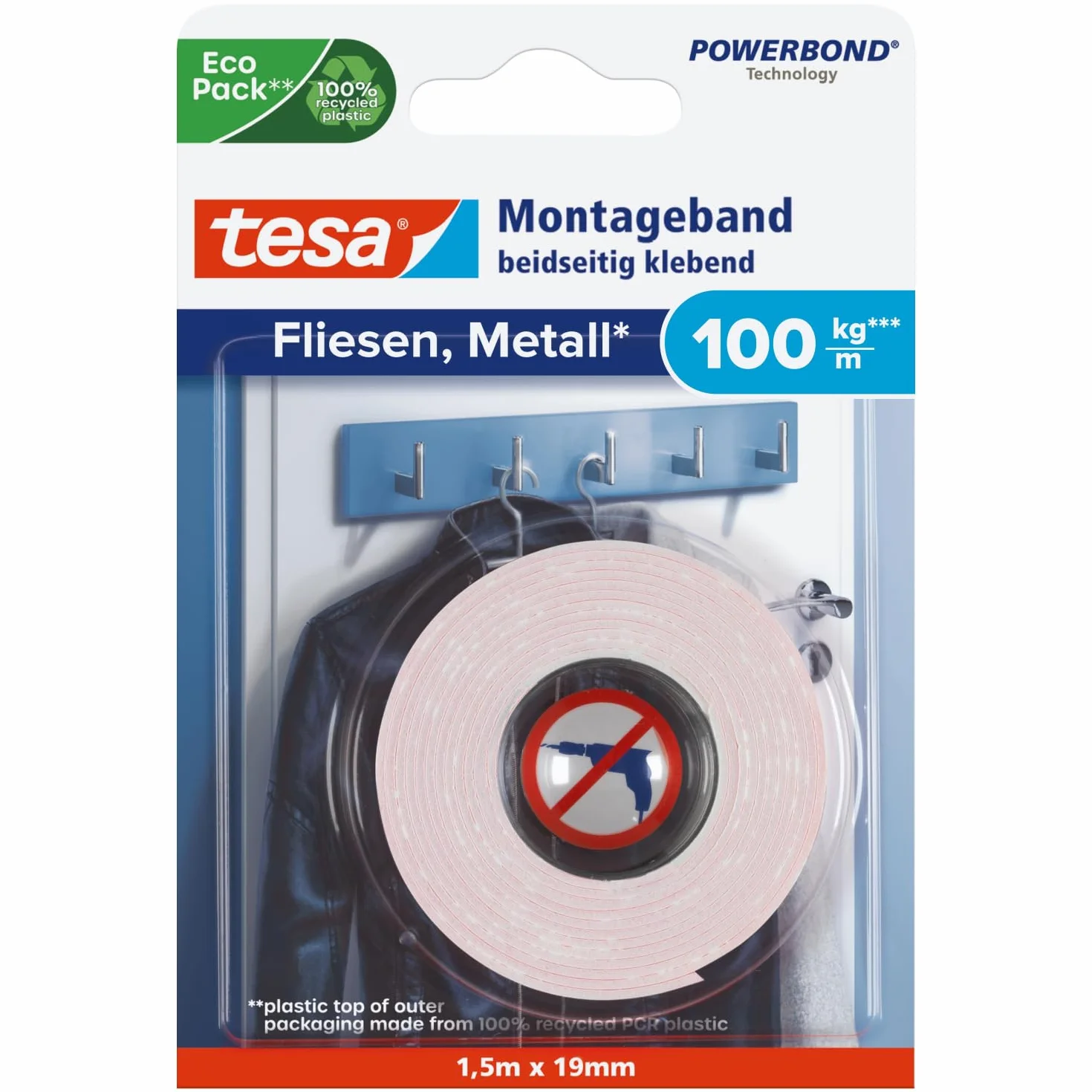 tesa Powerbond taśma montażowa do płytek i metalu, bardzo mocna, do 100 kg siły trzymania na metr – dwustronna taśma klejąca do gładkich powierzchni – 1,5 m x 19 mm