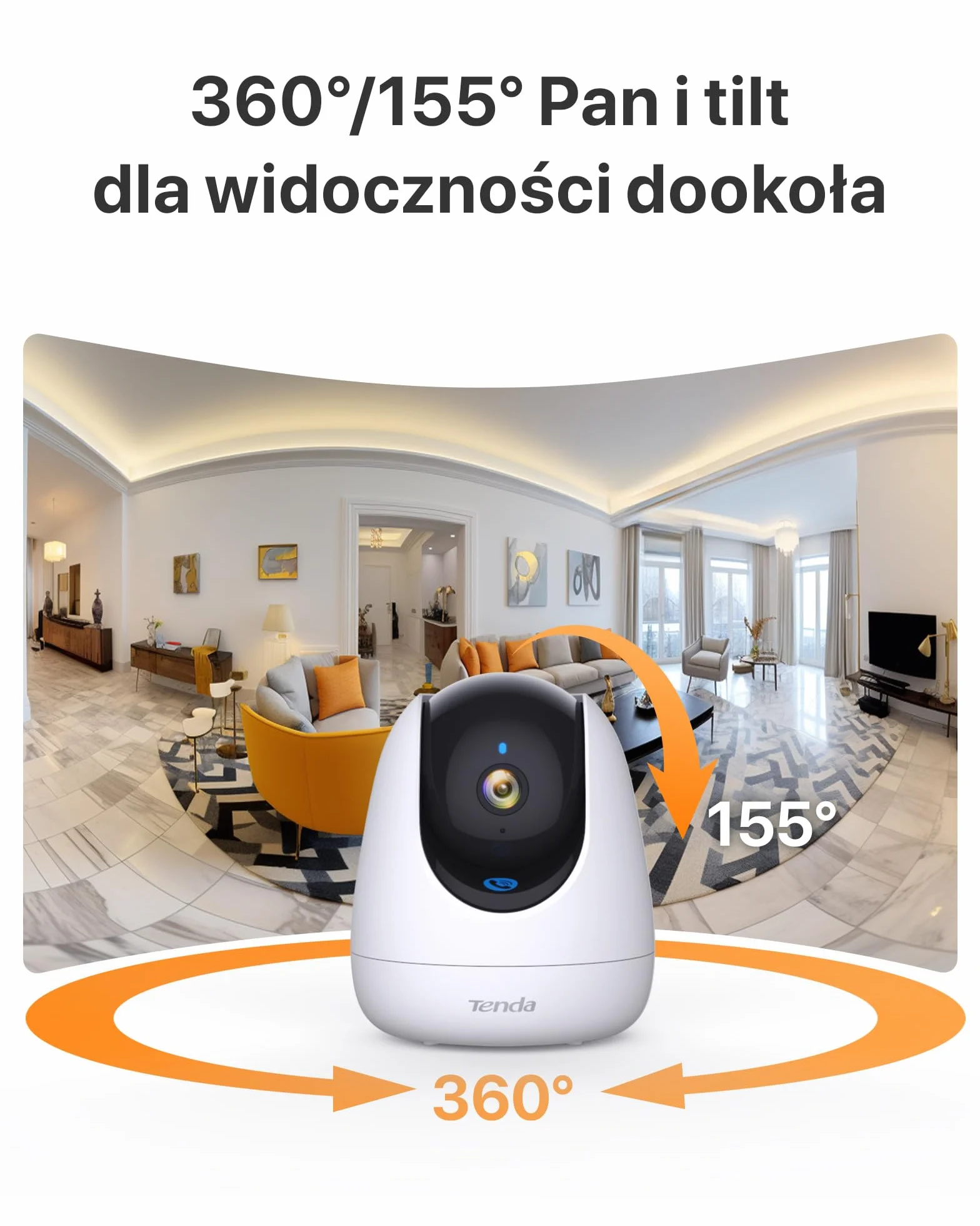 Tenda Kamera do monitoringu wewnętrznego CP7 V2.0, 360 stopni, Wi-Fi IP, 2-drożne audio, 5 MP, widoczność w nocy, alarm dźwiękowy i świetlny, śledzenie ruchu, kamera dla zwierząt domowych, kamera dla