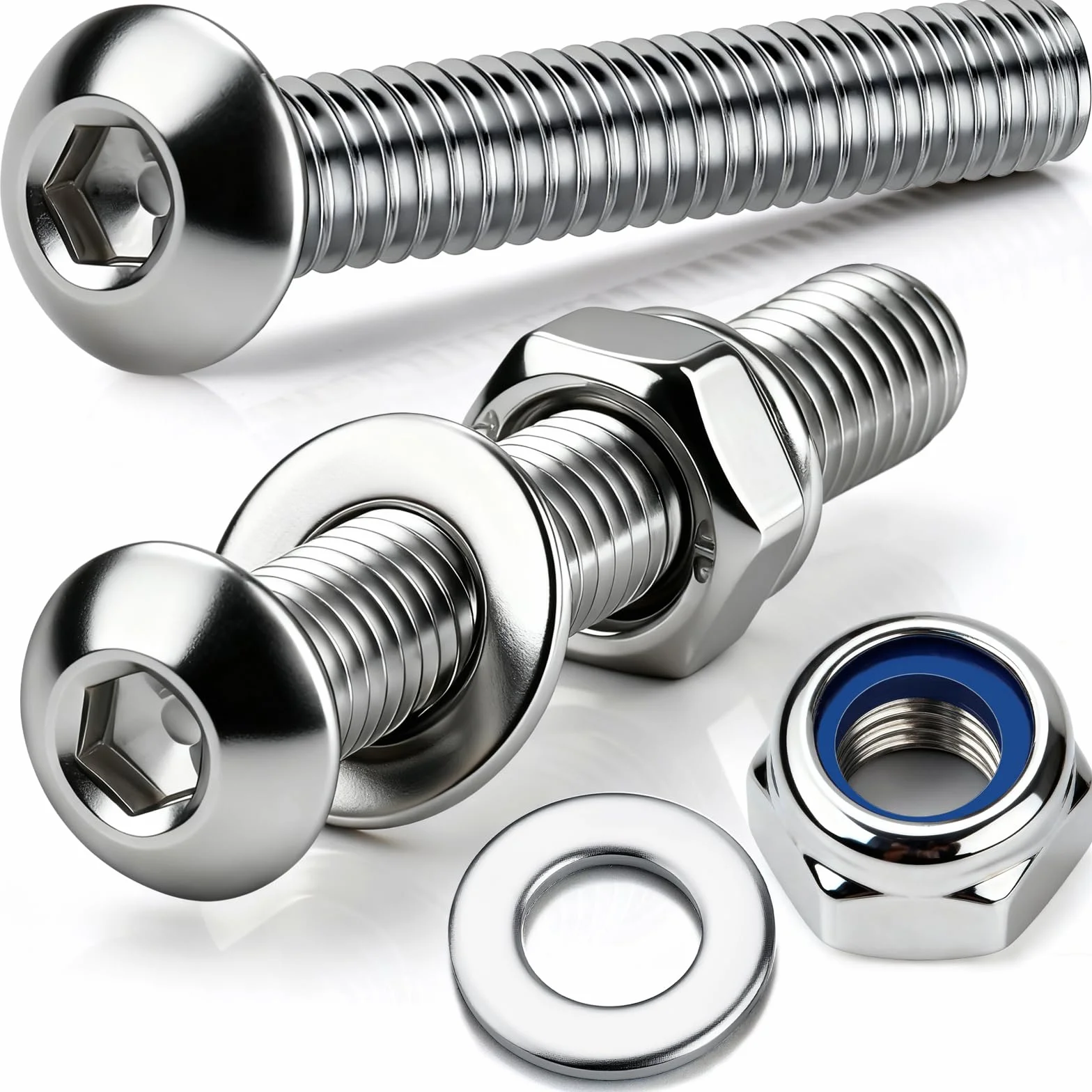 Śruby z łbem soczewkowym M5 x 50 mm, 60 sztuk, ze stali nierdzewnej, z łbem sześciokątnym, z nakrętkami zabezpieczającymi, podkładkami, śrubami gwintowanymi, śruby maszynowe do zabudowy mebli