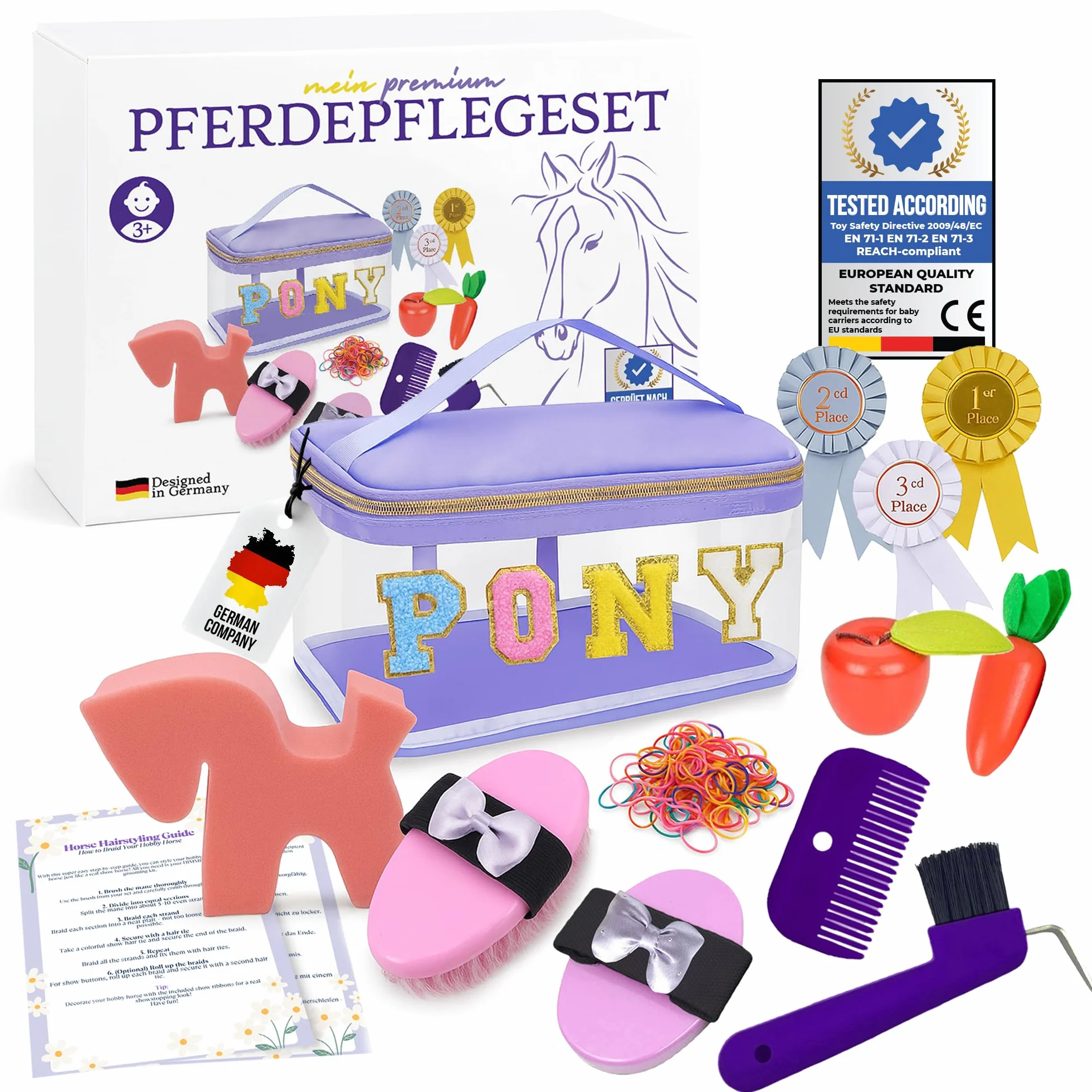 Akcesoria do hobby horse – prawdziwy zestaw do pielęgnacji koni i torebka do szczotkowania dla dzieci – z szczotkami, drapaczem do kopyt, kokardkami – prezent dla dziewczynek