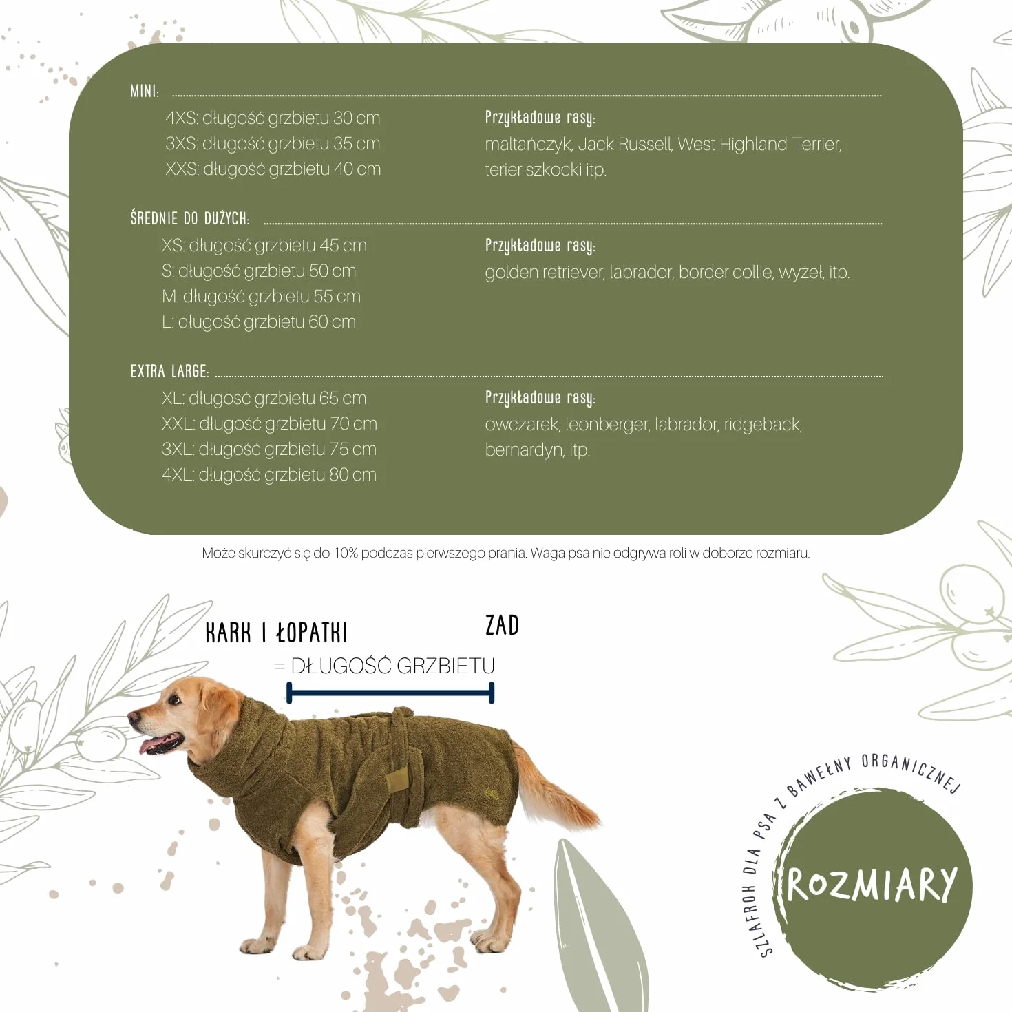 Lill's - Szlafrok dla psa, 100% bawełna organiczna, Organic Olive (Zielony) (M: 55 cm długość pleców)