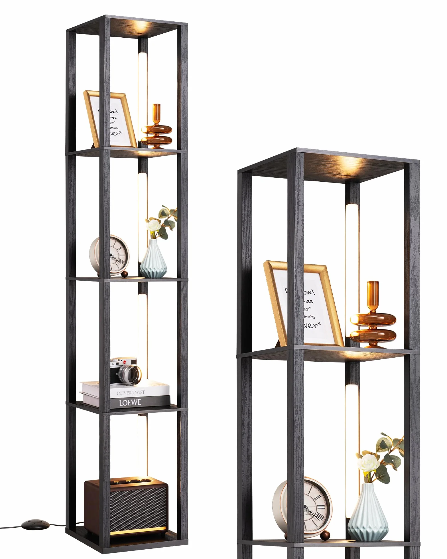 EDISHINE Lampa stojąca z regałem, możliwość ściemniania, 3 temperatury barwowe, 20 W, 1530 lumenów, 163 cm, regał narożny z obracanymi diodami LED o 360° i przełącznikiem nożnym, nowoczesne