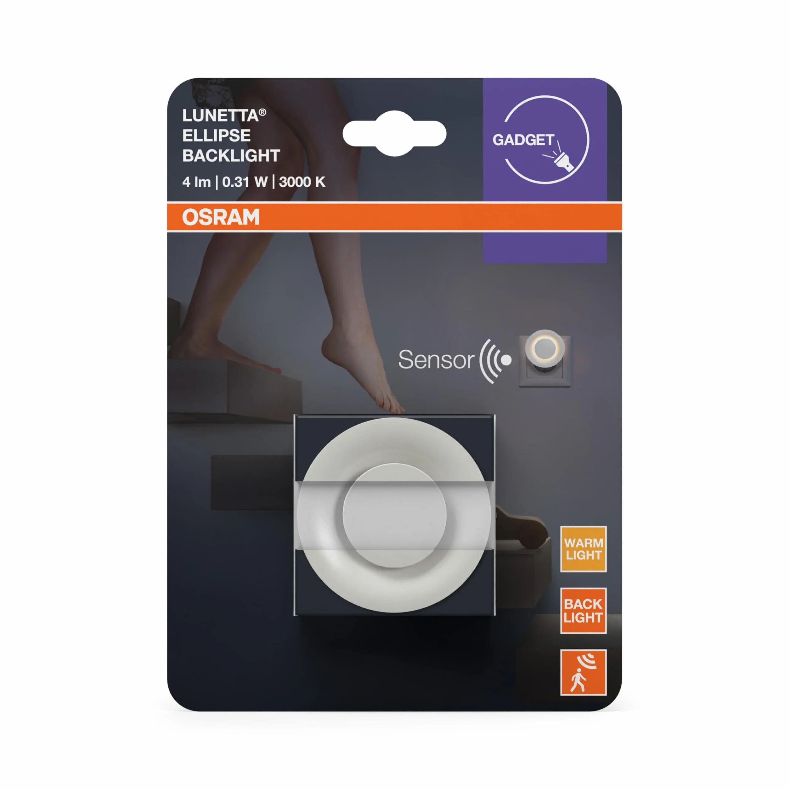 OSRAM Lunetta Backlight Ellipse White, lampa mobilna, 0,31 W, 4 lm, ciepła biel, lampka nocna z czujnikiem ruchu, czujnik dzień/noc, do użytku wewnątrz pomieszczeń