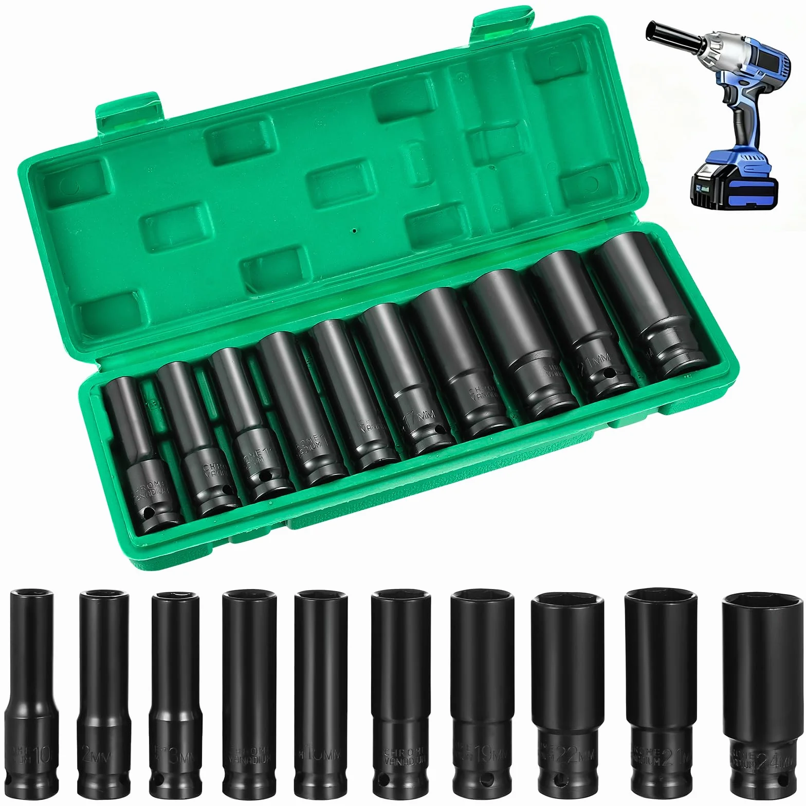 Zestaw 10 nasadek udarowych 1/2" głębokich 10-24mm z pudełkiem