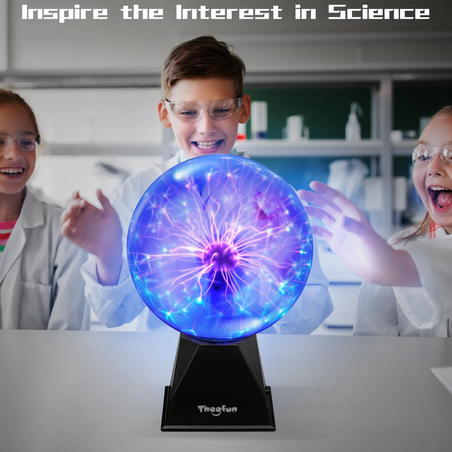 Theefun Kula plazmowa, magiczna kula plazmowa, świecąca kula elektrostatyczna, wrażliwa na dotyk, migająca, pedagogiczna lampa plazmowa, efekty świetlne, niebieska