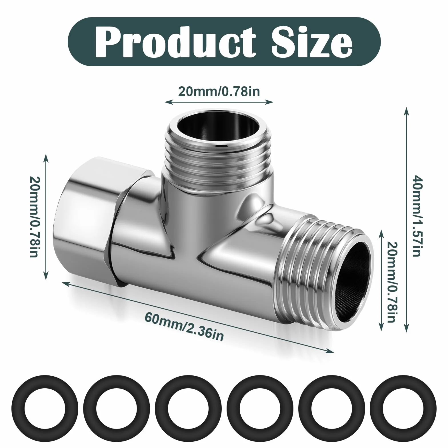 20 mm trójnik, 1/2 cala z 6 podkładkami, mosiężny trójnik, przyłącze wody, rozdzielacz, 3-drożny adapter w kształcie litery T, wąż prysznicowy, adapter do kranu wody pitnej, armatura