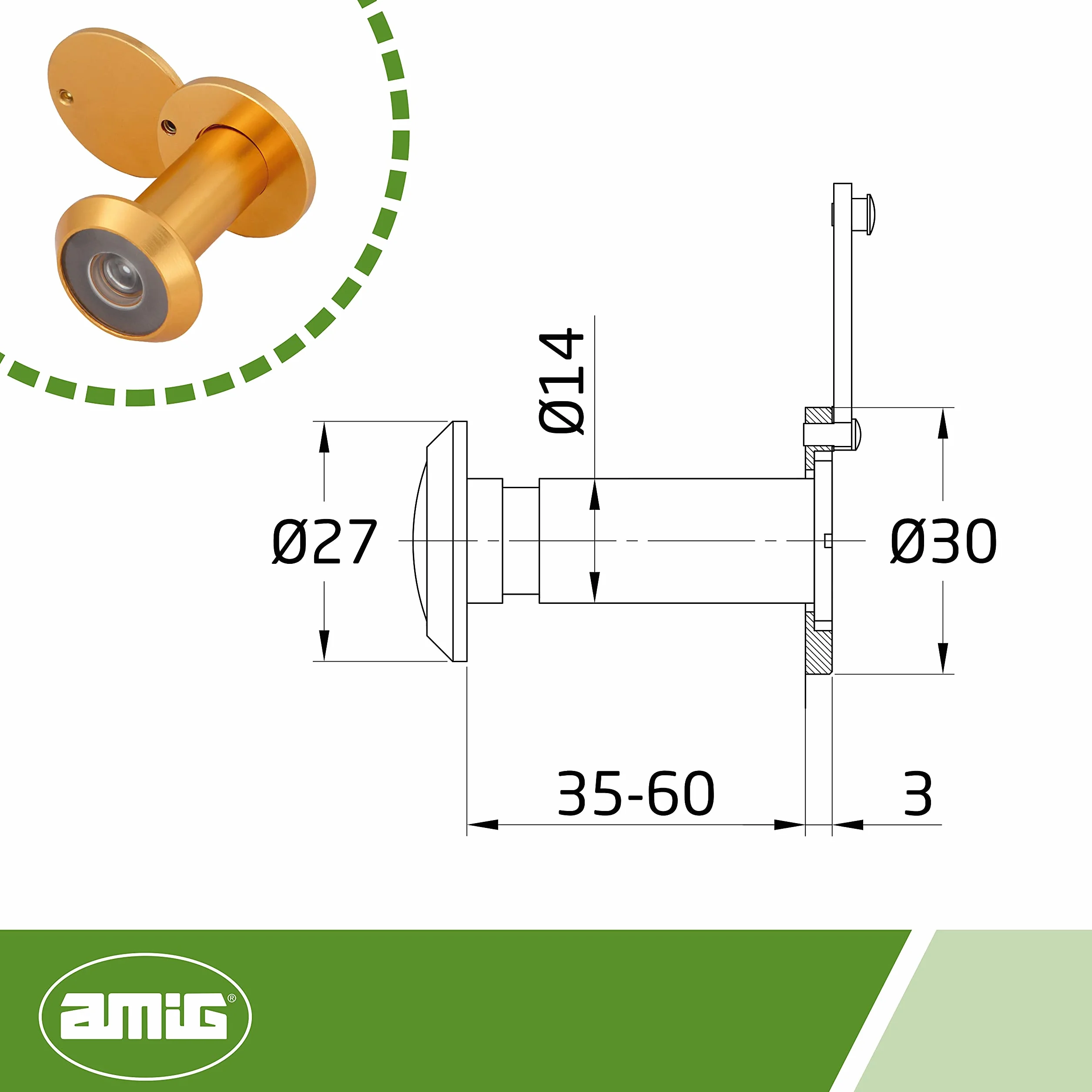 Amig - Lusterko do drzwi - Super kątowe soczewki - Łatwa instalacja - Grubość drzwi: 35-60 mm - Średnica: 14 mm - Wykończenie: złoto