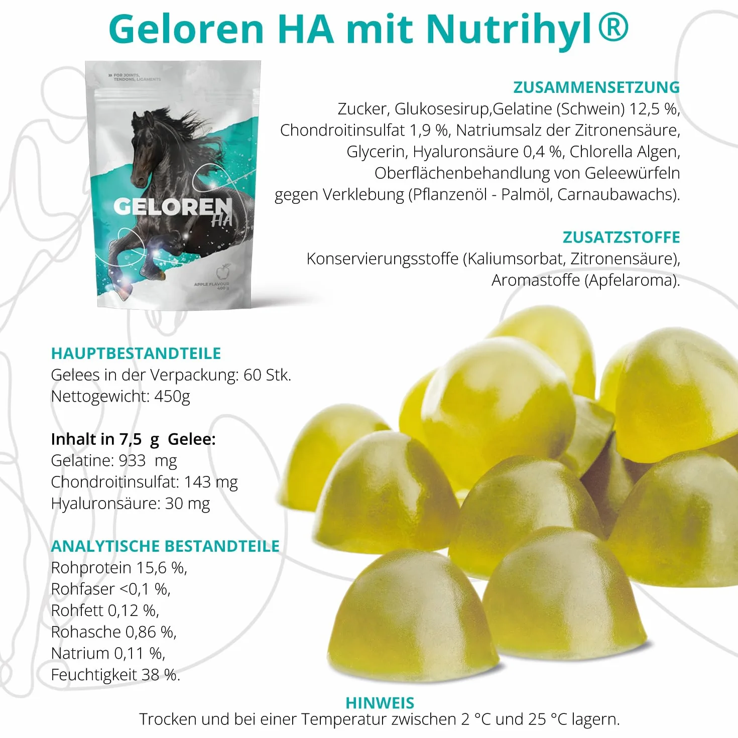Dodatki dla koni do stawów HA - kwas hialuronowy - naturalne kostki żelowe dla koni, do zaopatrywania więzadeł i stawów, jabłko, 3 x 450 g