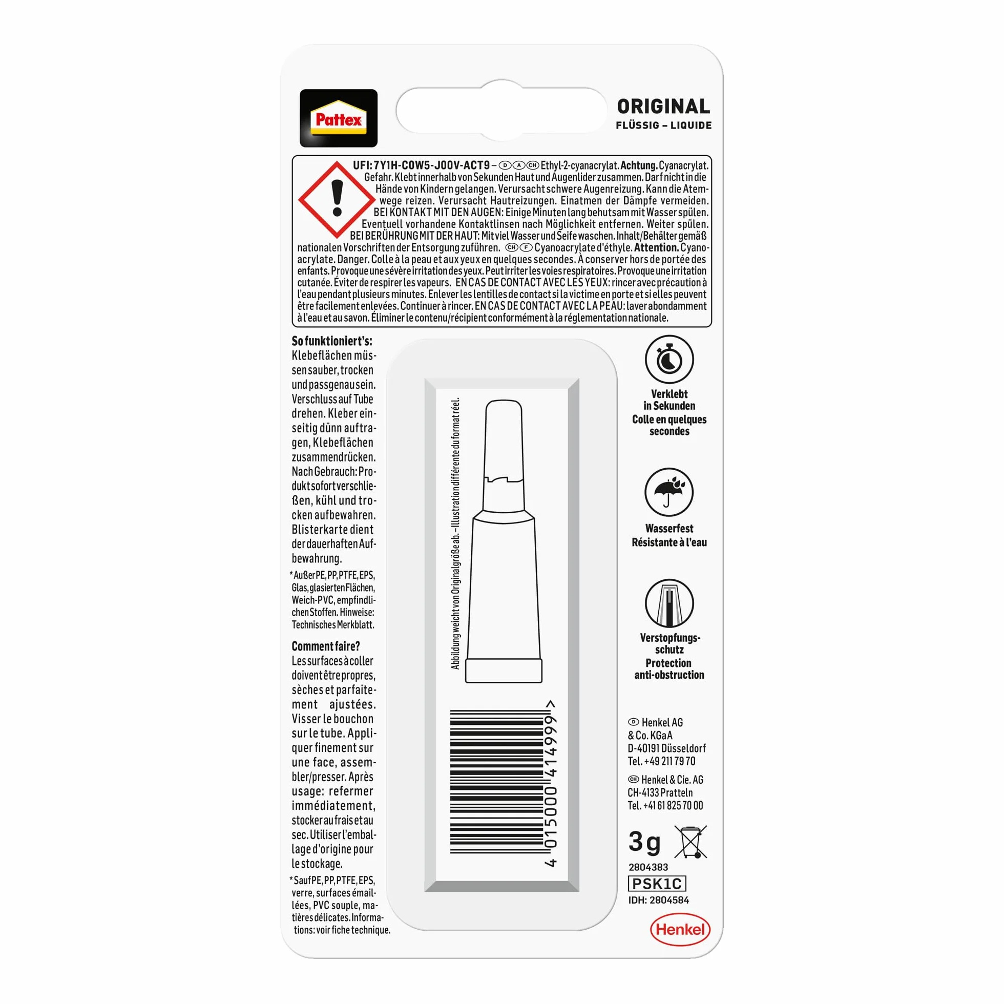 Klej w płynie Pattex superglue, 3 g, nadaje się do mycia w zmywarce, do wielu natychmiastowych napraw, szybkoschnący, bezbarwny klej w płynie