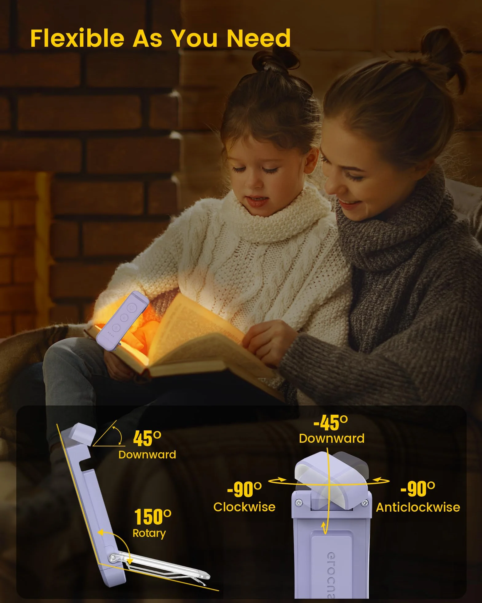 Glocusent USB Rechargeable Book Light, Eye Caring Reading Light Clip on Book, 3 kolory i 5 jasności ściemniania, przenośna i elastyczna, długotrwała do 80 godzin (fioletowy)
