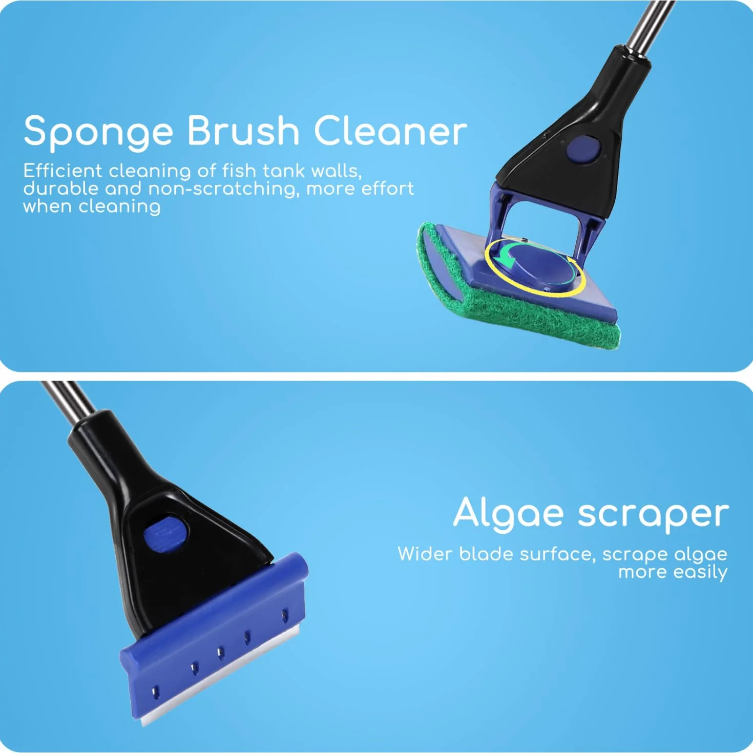 Nobleza Aquarium Cleaners, zestaw 5 w 1 z wysuwanym środkiem do czyszczenia akwarium – siatka na ryby, skrobak do glonów, grabki do żwiru, widełki do roślin, gąbka