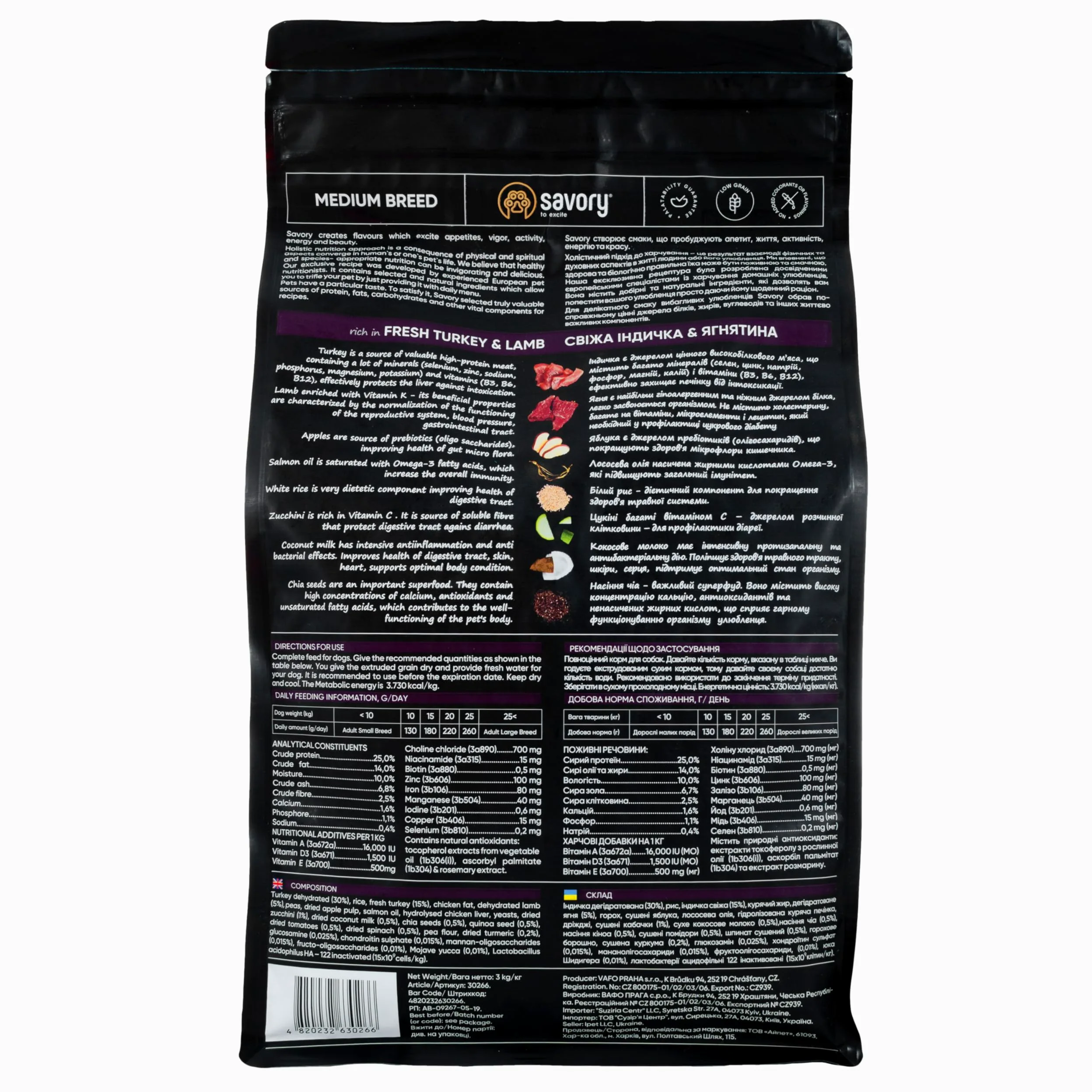 Savory - Sucha Karma dla Psów - Suchy Pokarm - Średnie Rasy - Indyk & Jagnięcinaa - na Bazie Świeżego Suszonego Mięsa, z wit. A, D3, E, C - 2 Szt. (2 x 3 kg)