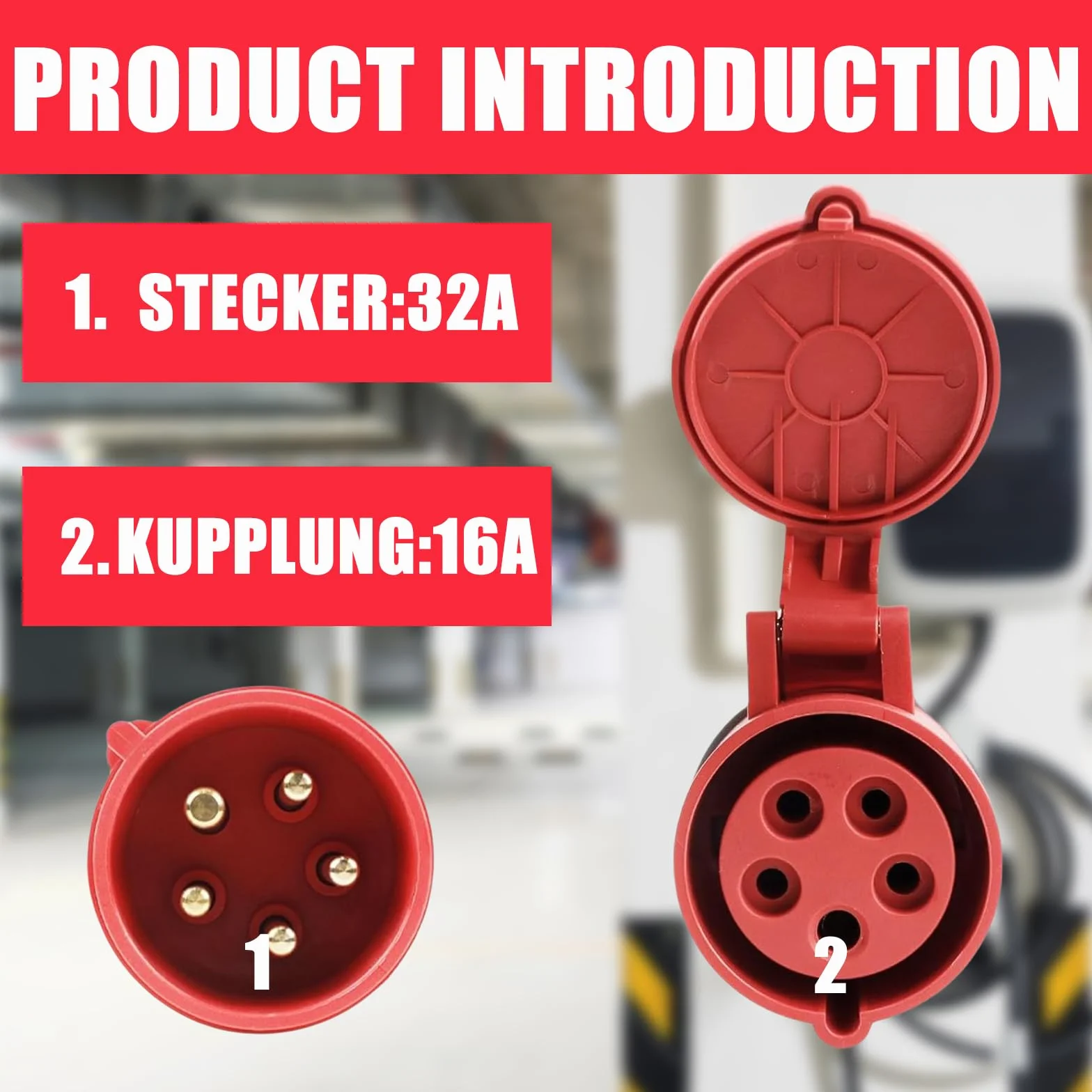 Adapter CEE 32 A na 16 A, z kablem o długości 50 cm, ochrona IP44, 5-biegunowy, rozdzielacz prądu 400 V, adapter do samochodów elektrycznych, akcesoria do warsztatów, przemysłu i budownictwa