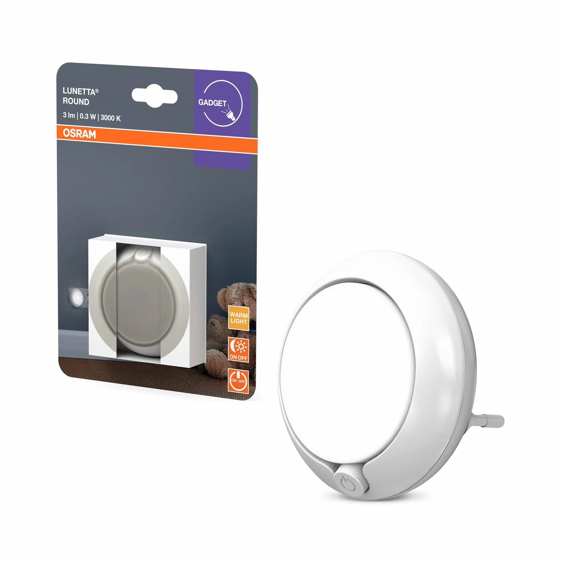 OSRAM LUNETTA Okrągła lampka nocna biała z czujnikiem; Technologia LED; Strumień świetlny 3 lm; 3000 K ciepła biel; przełącznik włącz/wyłącz; instalacja gniazdowa