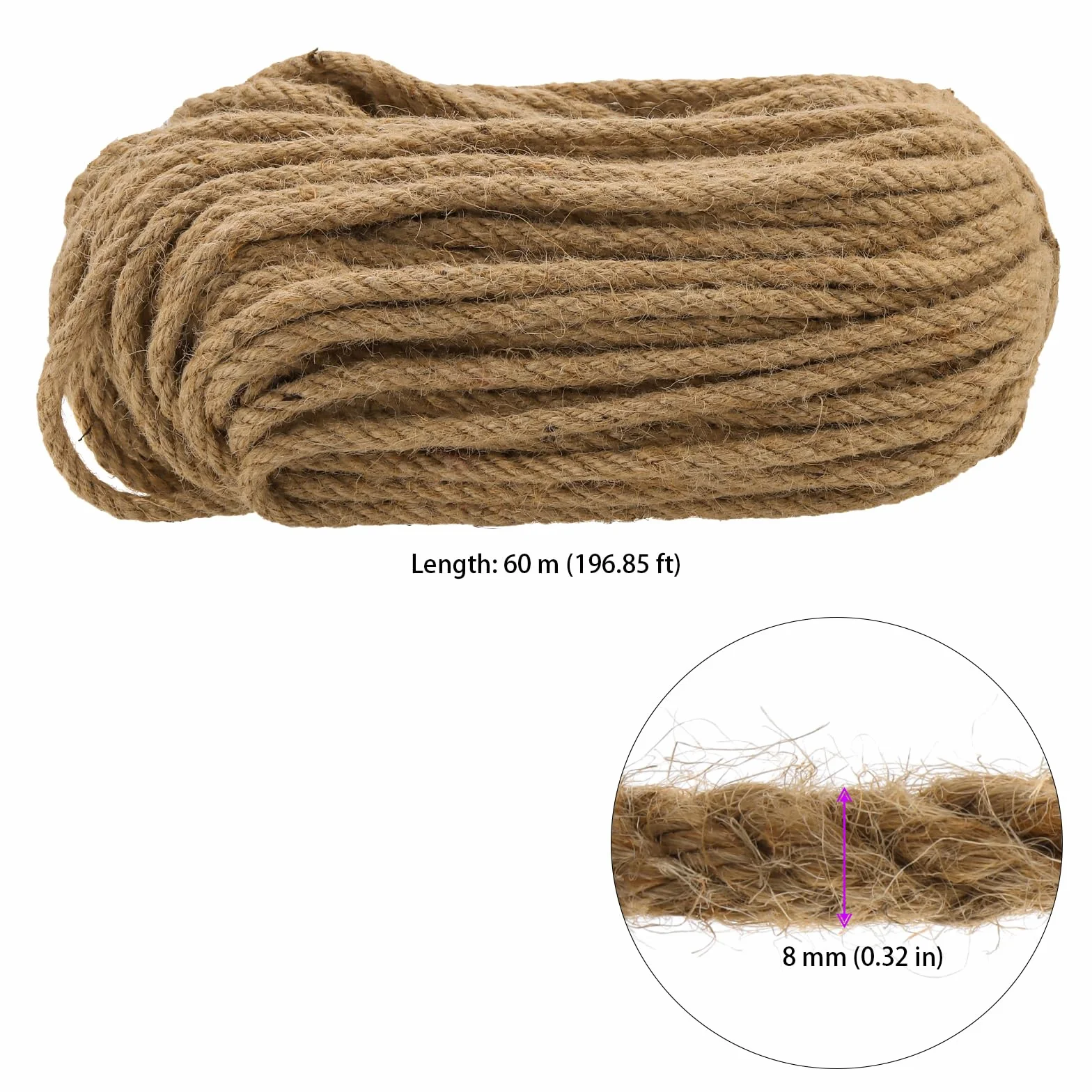 FUNSUEI Sznurek jutowy 8 mm x 60 m, gruba lina konopna, sznurek jutowy do ogrodu, DIY, dekoracja