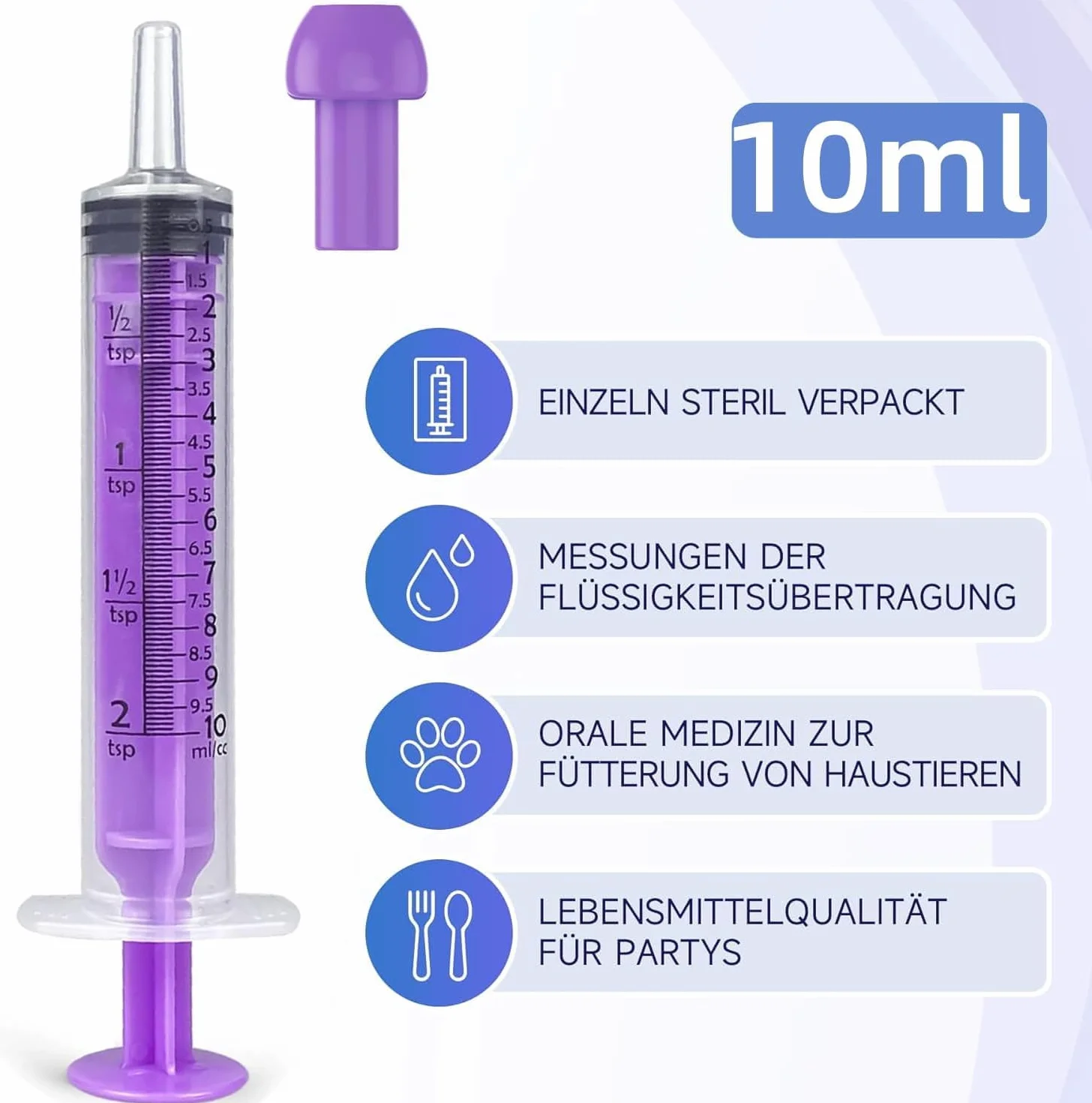 Strzykawka do karmienia z tworzywa sztucznego, zestaw 22 jednorazowych strzykawek 10 ml, plastikowa strzykawka z nakrętką, strzykawka do karmy, pakowana pojedynczo dla kotków, szczeniaków, małych