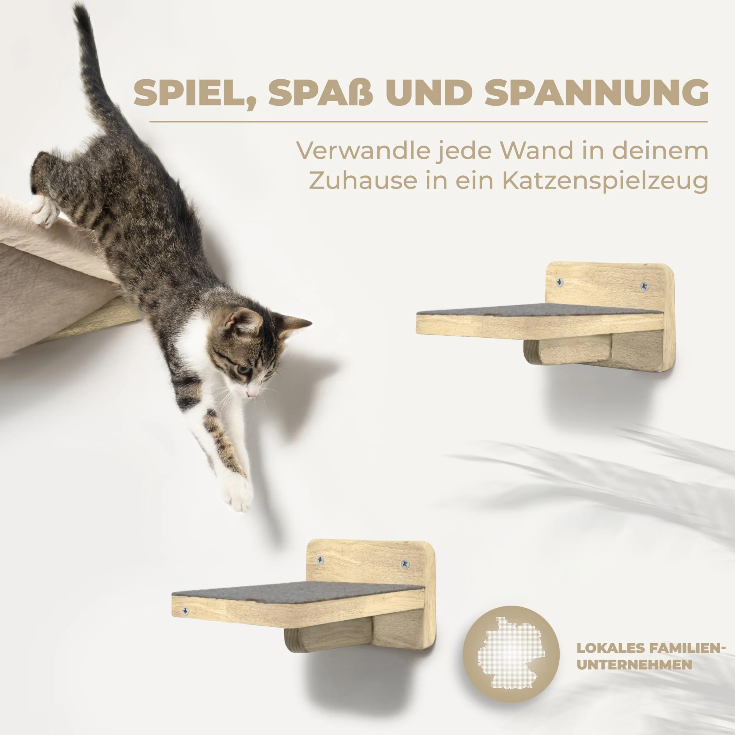 WOOWOOD® Ścianka wspinaczkowa dla kotów - 2 x Schodki ścienne dla kota [Pełne drewno] - Drzewko do wspinaczki na ścianie - Koci hamak - Ścianka do wspinaczki - Meble dla kotów - Ścianka dla kotów