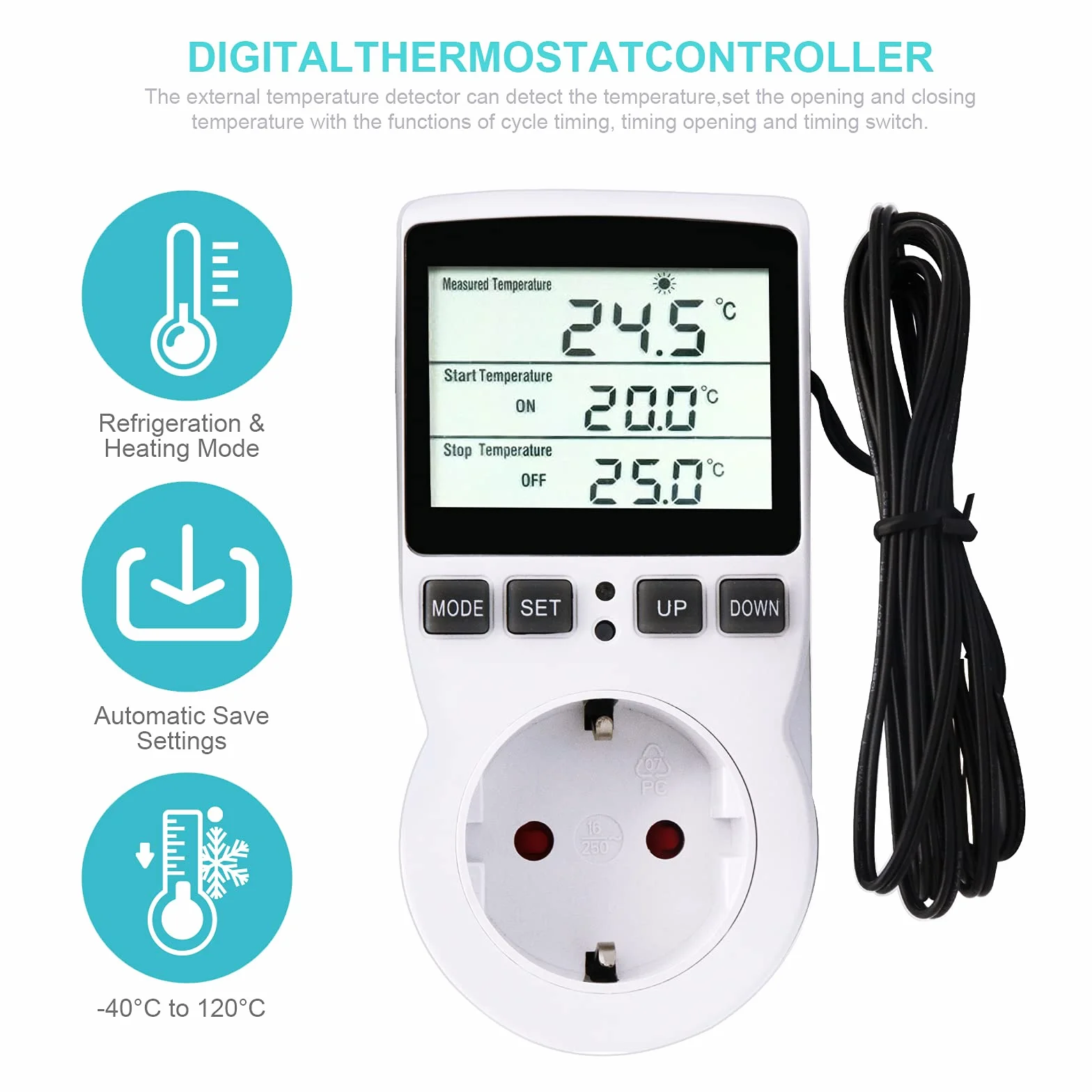 RUIZHI Cyfrowy regulator temperatury Termostat Terrarium z timerem i sondą chłodzącą do lodówki, akwarium, inkubator gadów (EU