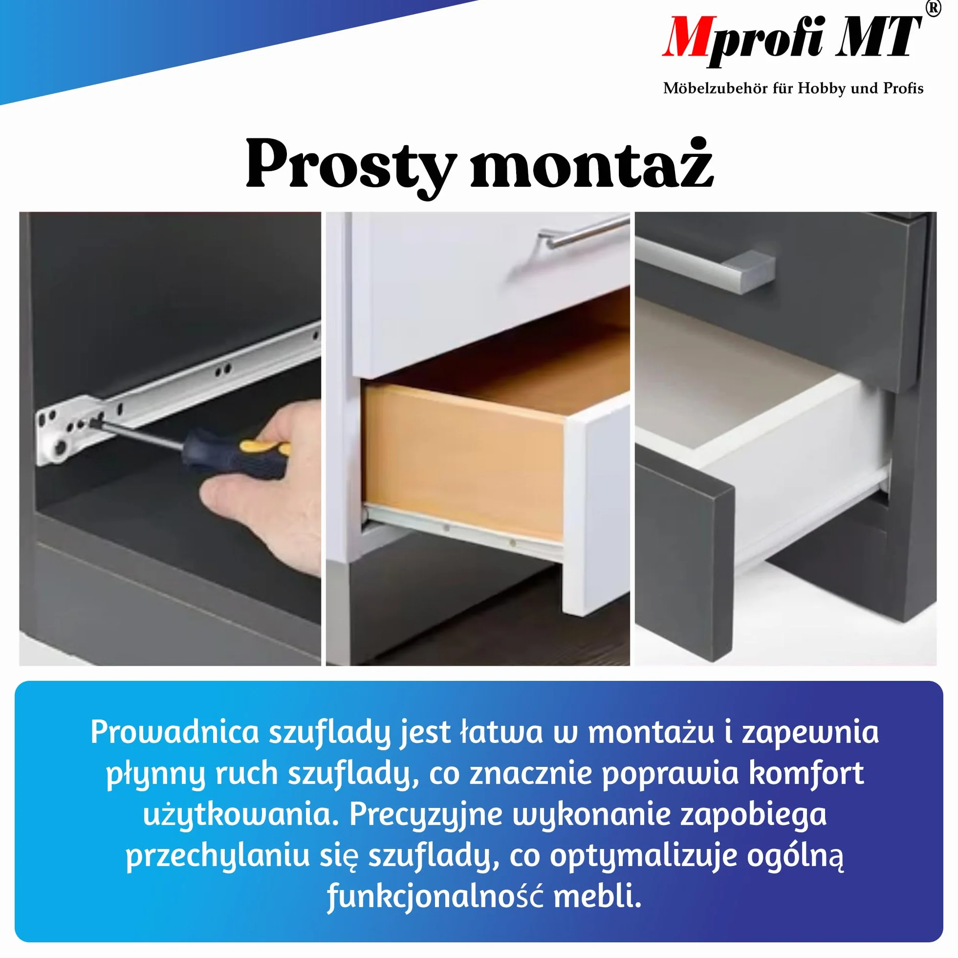 Mprofi MT® 2 Sztuki, 1 Para | Prowadnice Rolkowe 250mm | Częściowy Wysuw | Nośność 30kg | Białe Szyny do Szuflad | Akcesoria Meblowe