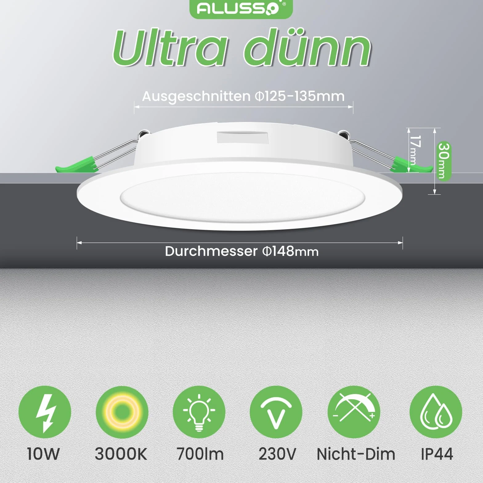ALUSSO 6 sztuk bardzo płaskich, wpuszczanych reflektorów LED, 10 W, 230 V, 700 lm, ciepła biel, 3000 K, głębokość montażu 30 mm, IP44, do łazienki, salonu, kuchni