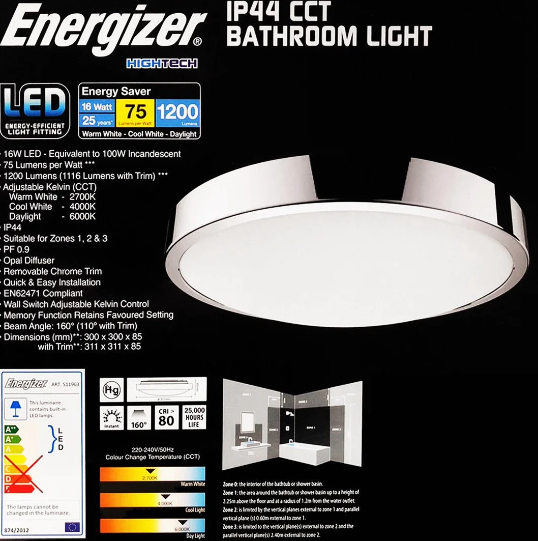 Energizer Lampa sufitowa LED do łazienki CCT IP44 2700K-6000K