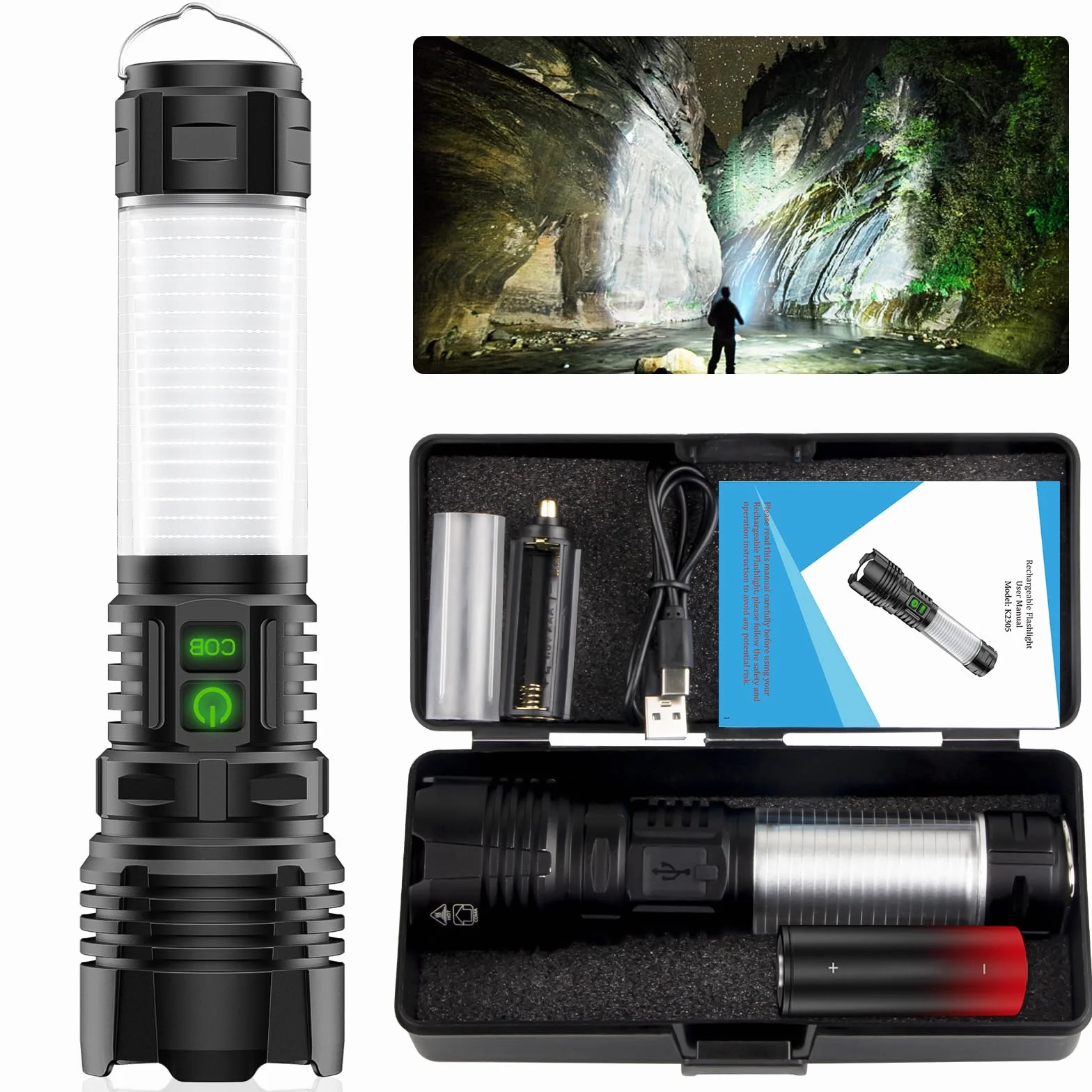 AOMEES Latarka LED 250000 lumenów 5000 mAh COB IPX5 5 trybów